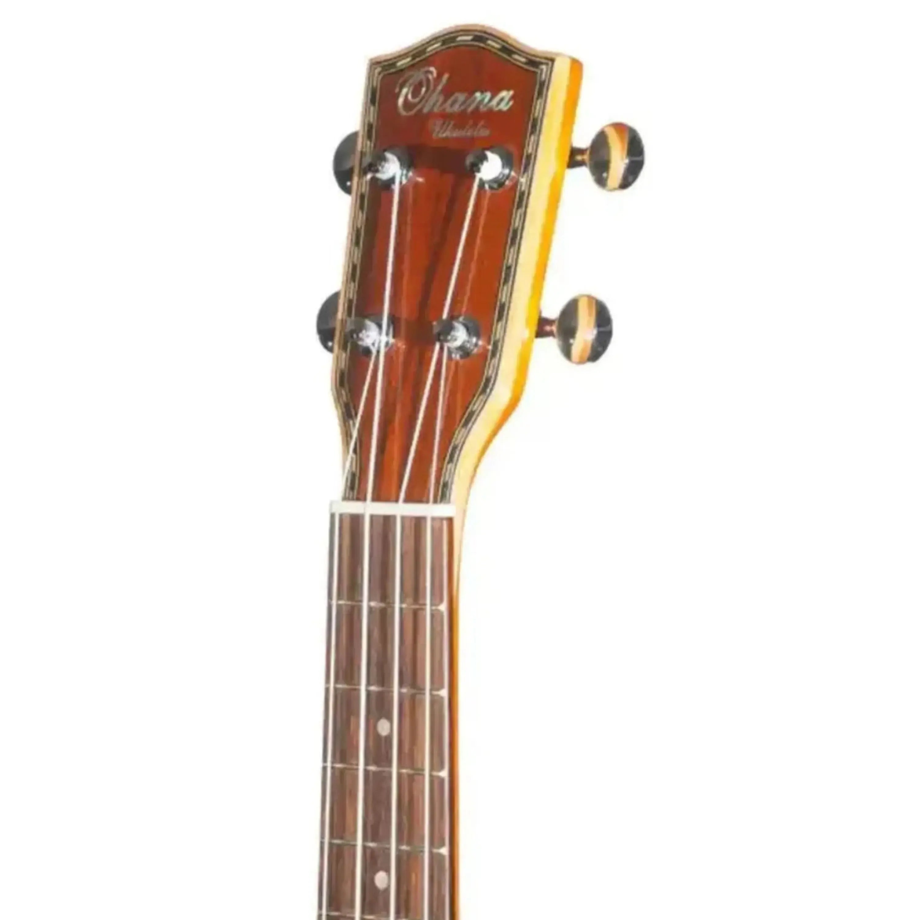 Ohana CK-40 Concert Ukulele headstock with maple, rosewood, and deluxe geared tuners.