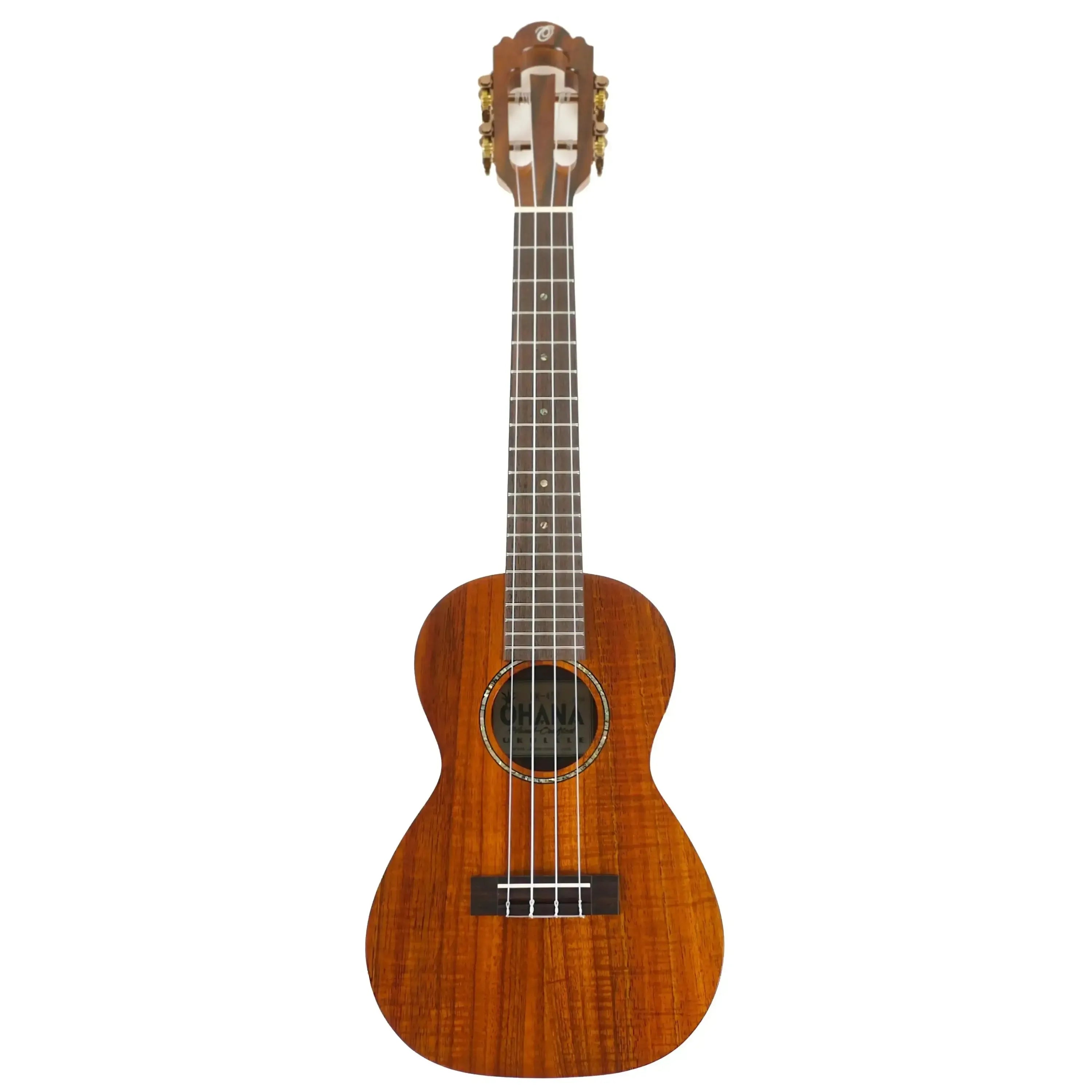 Ohana CK-450 Limited Edition solid koa concert ukulele with a satin finish, slotted headstock, and rosegold tuners.