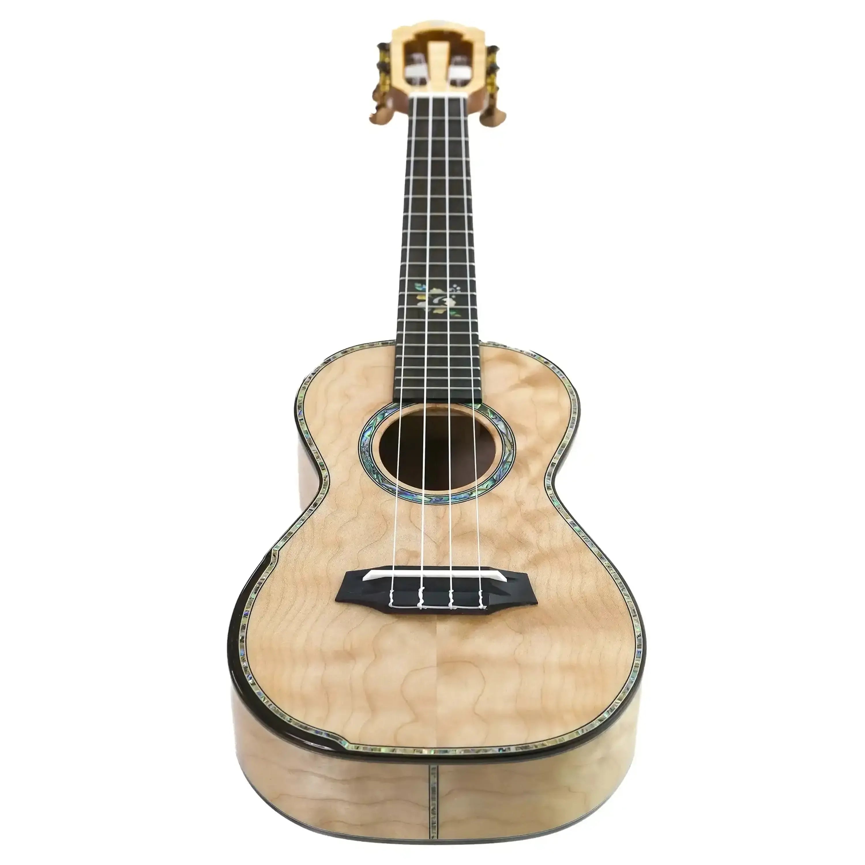 Ohana CK-450QEL Concert Ukulele with quilted eucalyptus body, abalone rosette, and glossy finish.