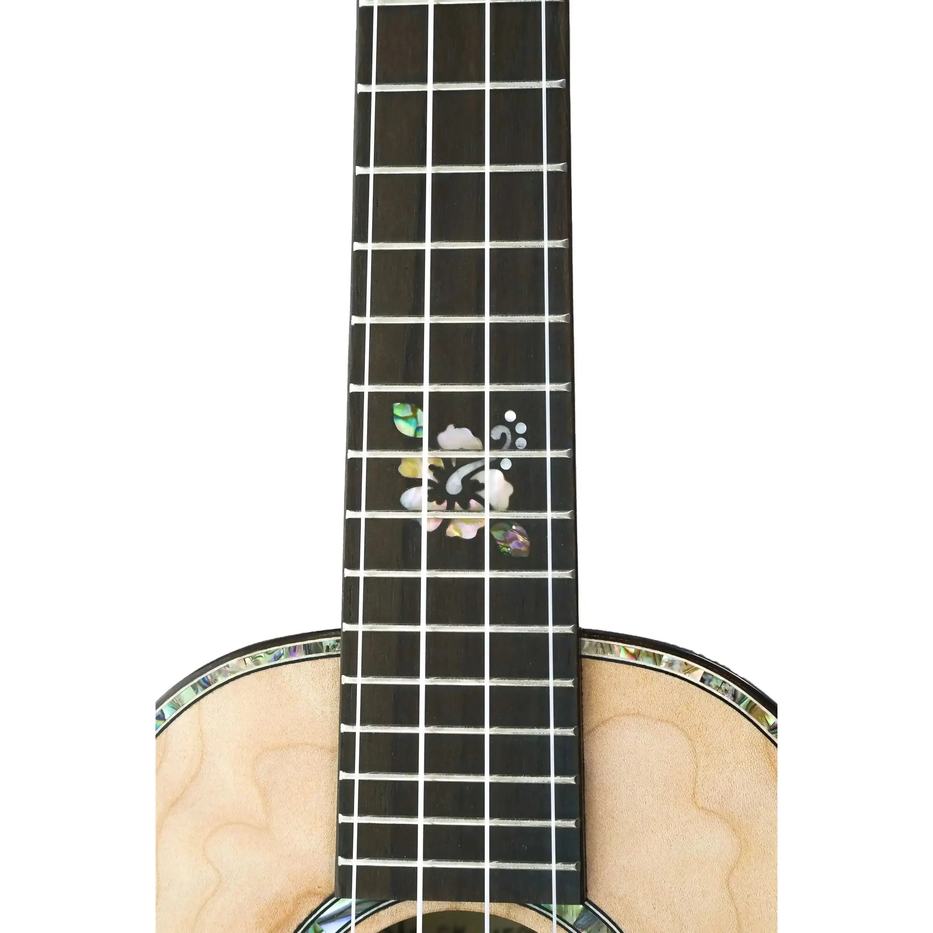 Ohana CK-450QEL ukulele fretboard with abalone floral inlay and light wood body.