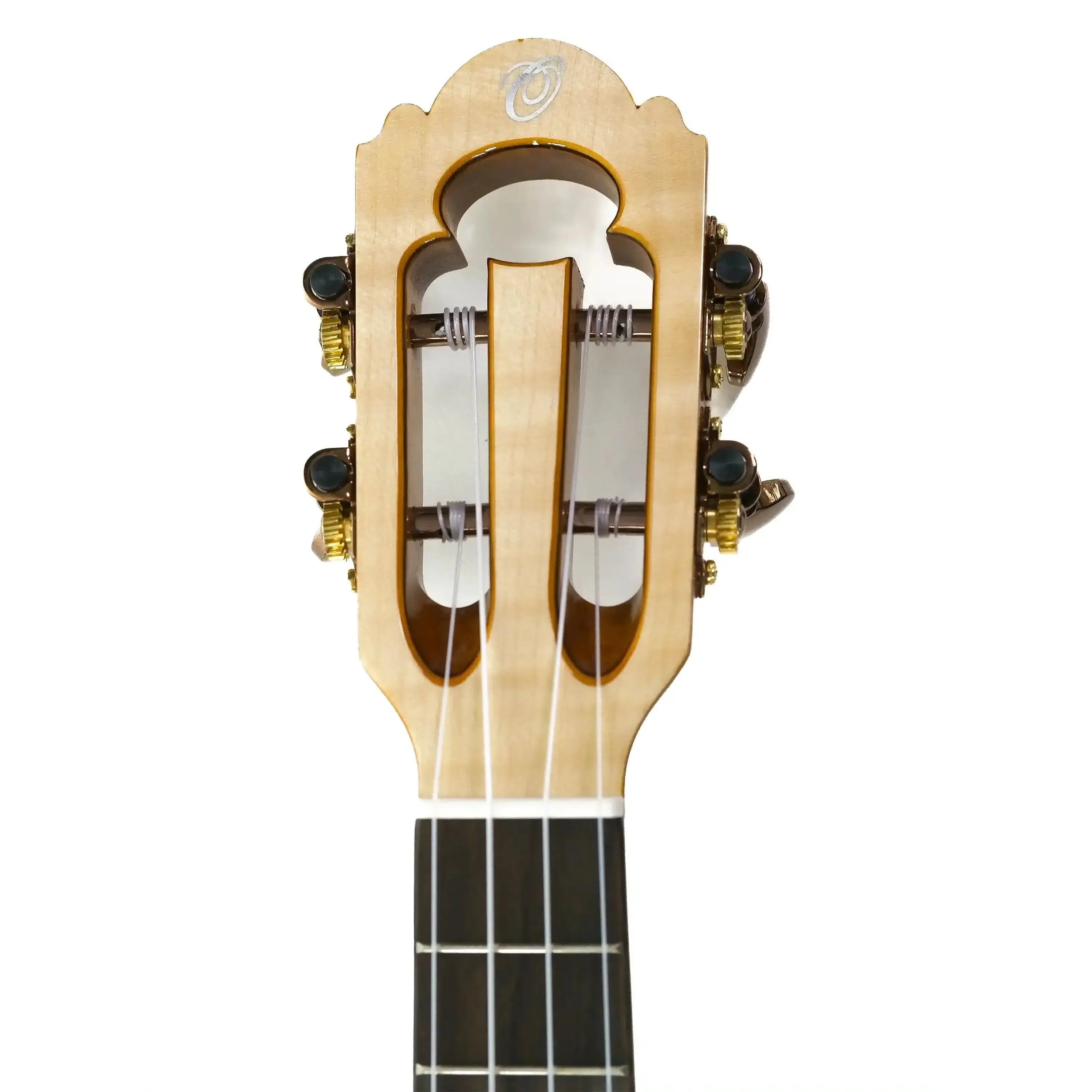Ohana CK-450QEL ukulele headstock with light wood, gold tuners, and intricate design.