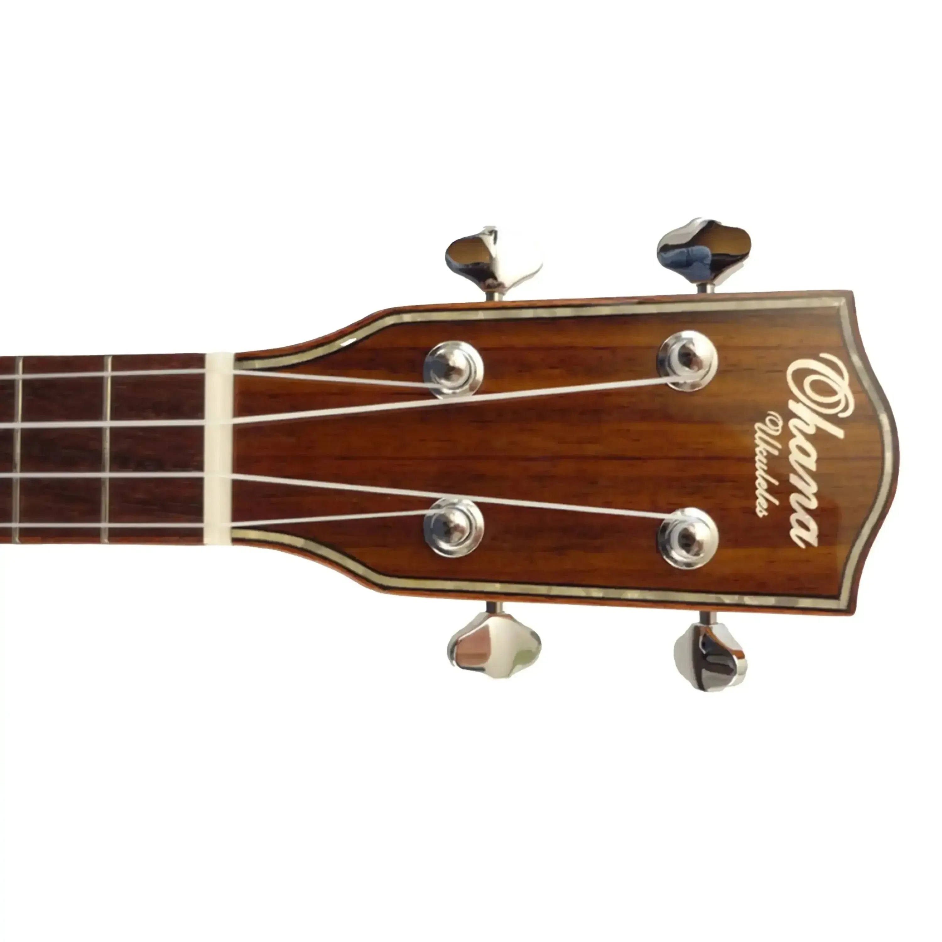 Ohana CK-50G Concert Ukulele headstock with rosewood, Grover chrome tuners, and "Ohana Ukuleles" logo.