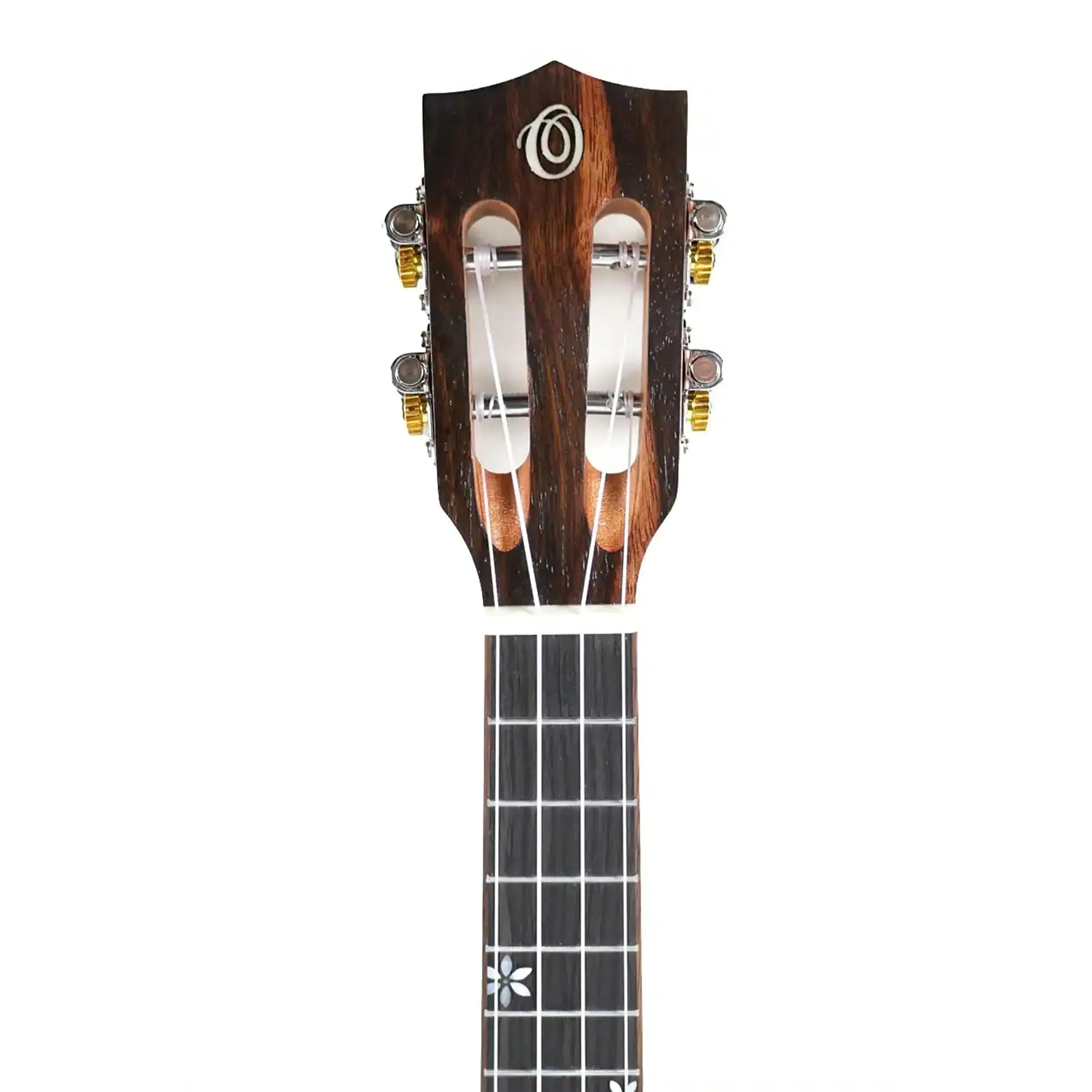 Ohana CK-50ME Concert Ukulele headstock with Macassar ebony, slotted design, and Grover tuners.