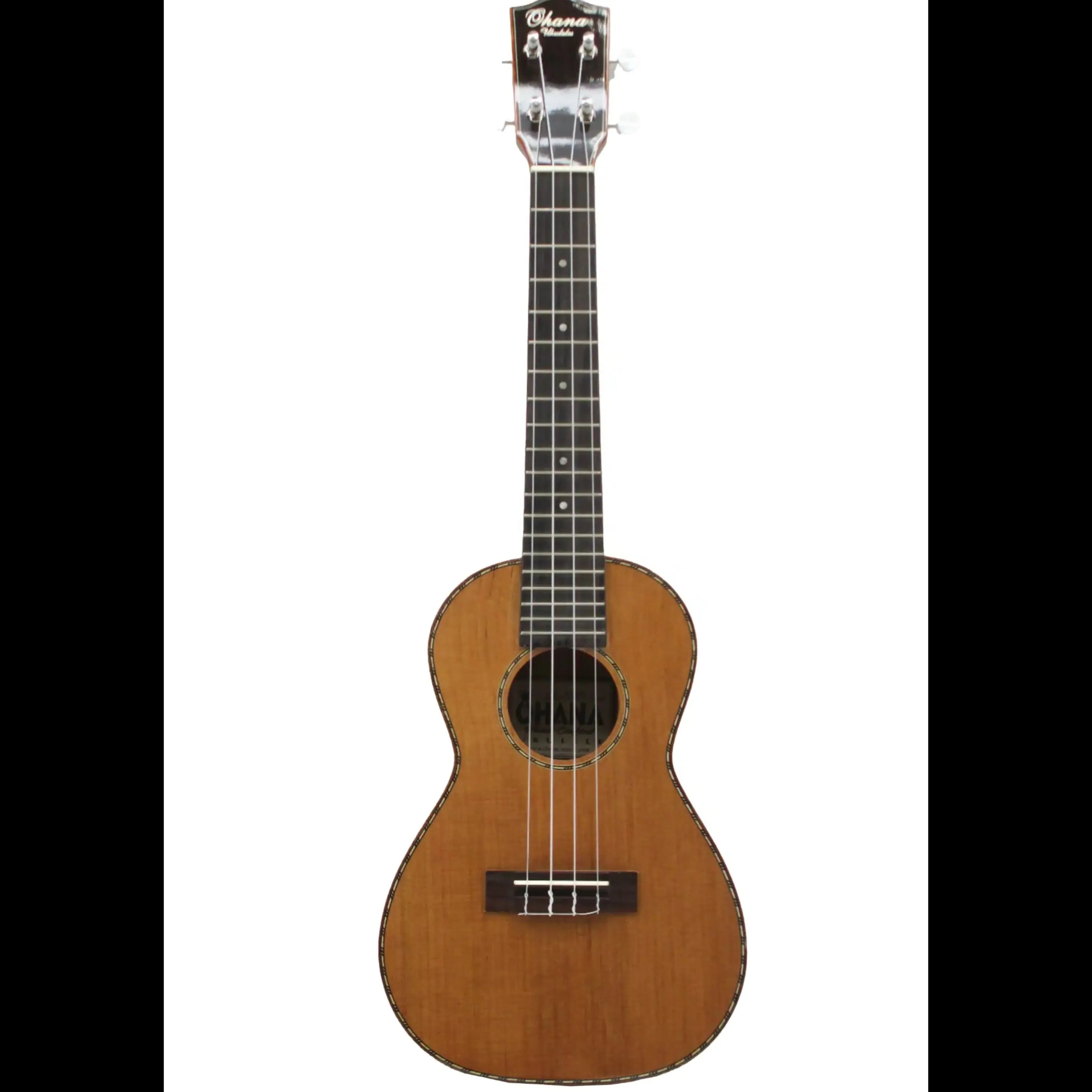 Ohana CK-50MG Concert Ukulele with solid cedar top, flamed mahogany, glossy finish, and rope purfling.