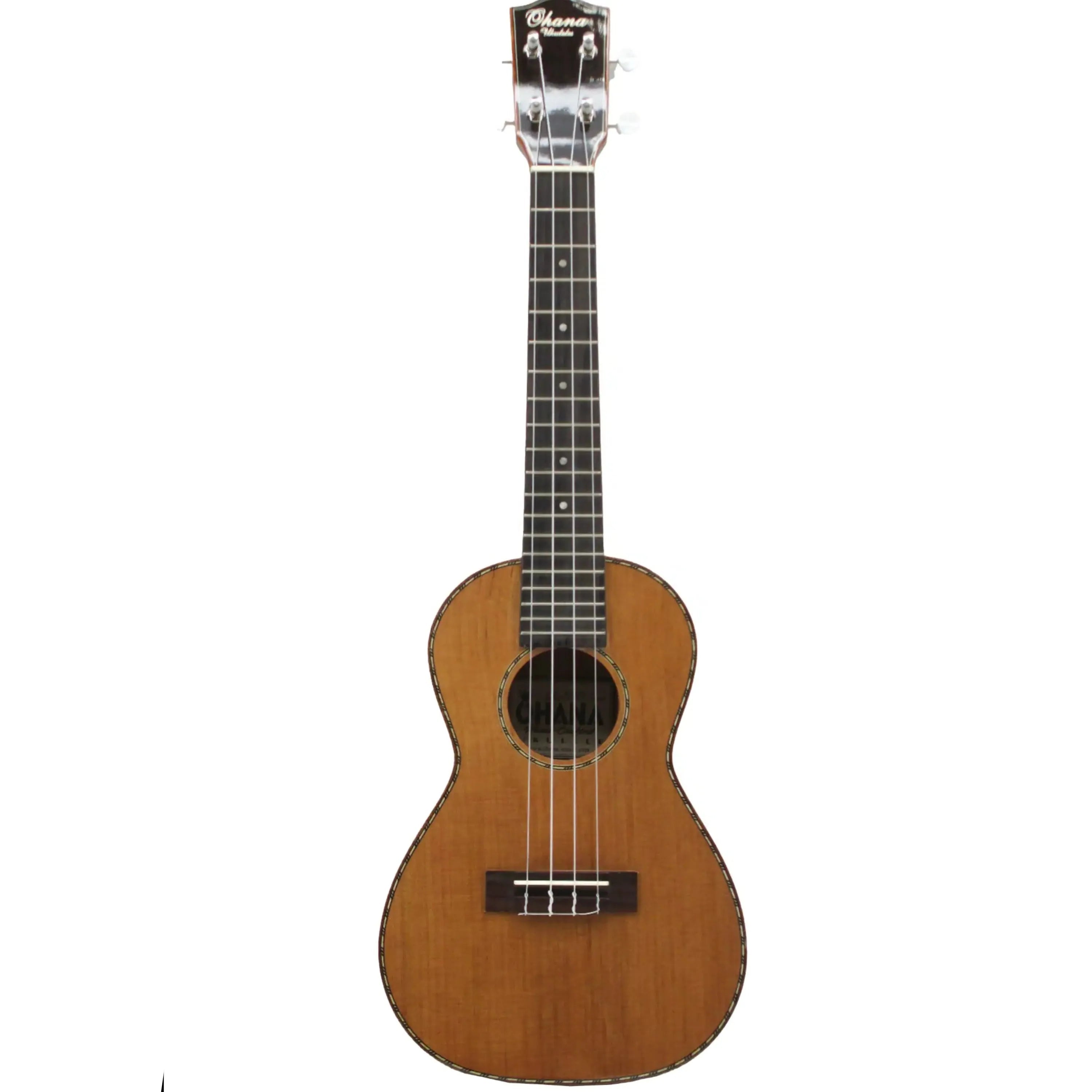 Ohana CK-50MG Concert Ukulele with solid cedar top, flamed mahogany, glossy finish, and rope purfling.