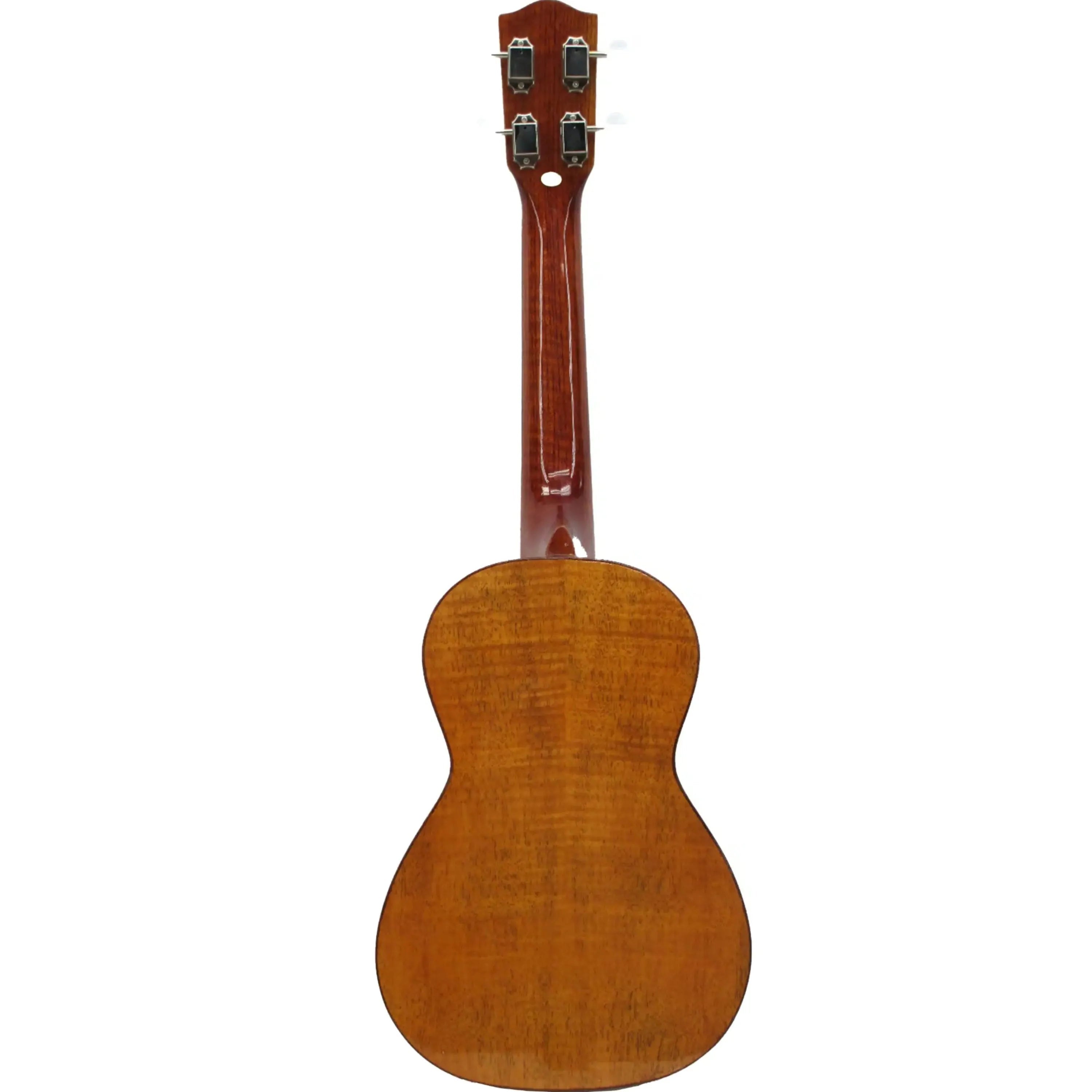 Ohana CK-50MG Concert Ukulele, back view, showing flamed mahogany and glossy finish.