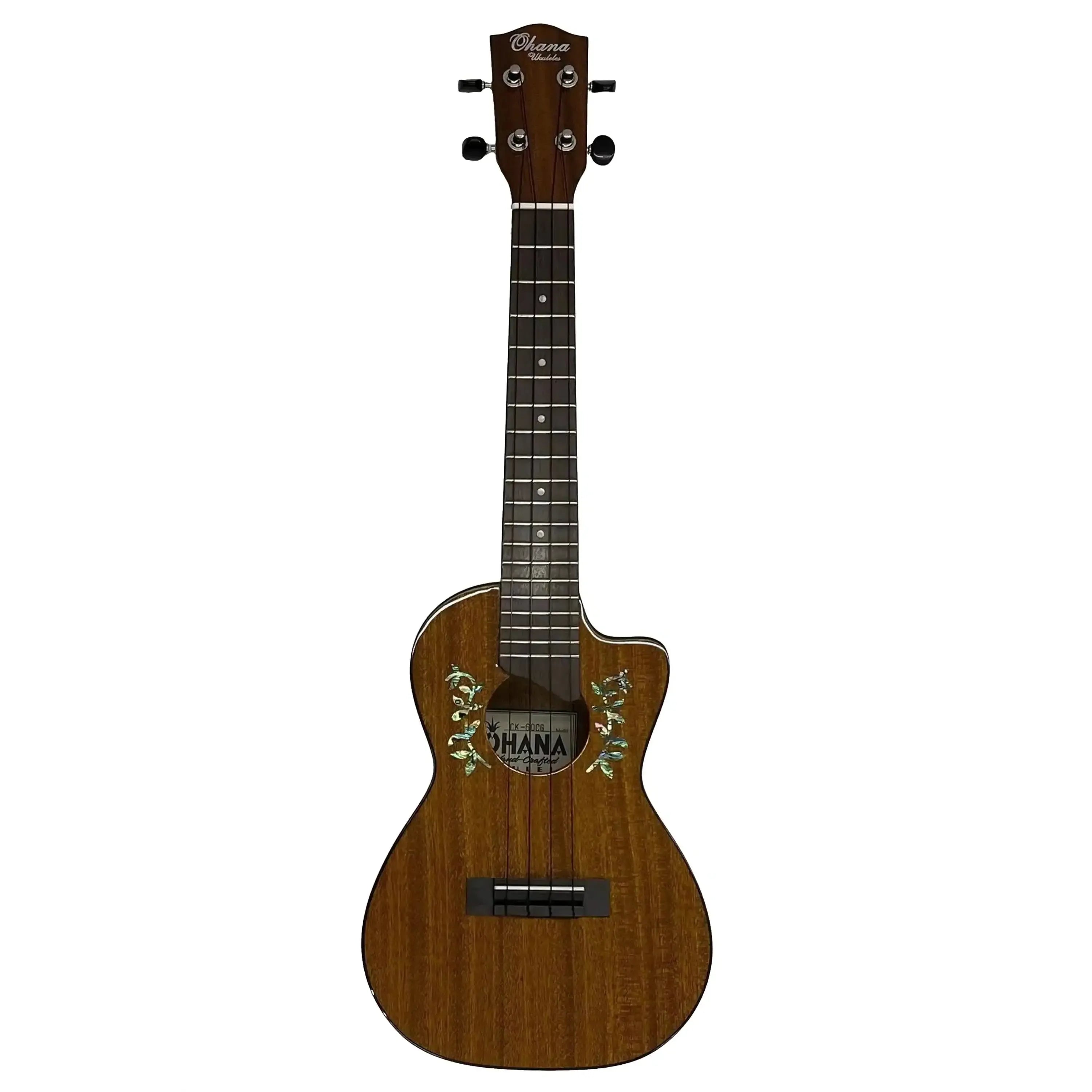 Ohana CK-60CG solid mahogany concert ukulele with floral abalone inlay and cutaway body.