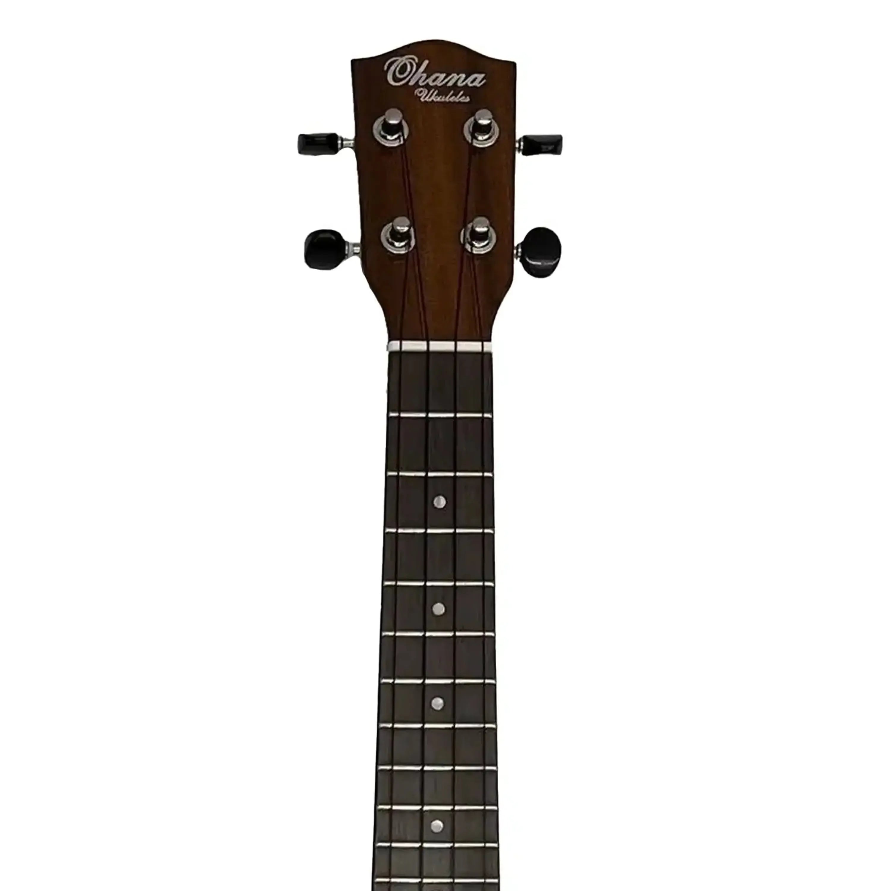 Ohana CK-60CG concert ukulele headstock and fretboard, dark mahogany with black tuners.