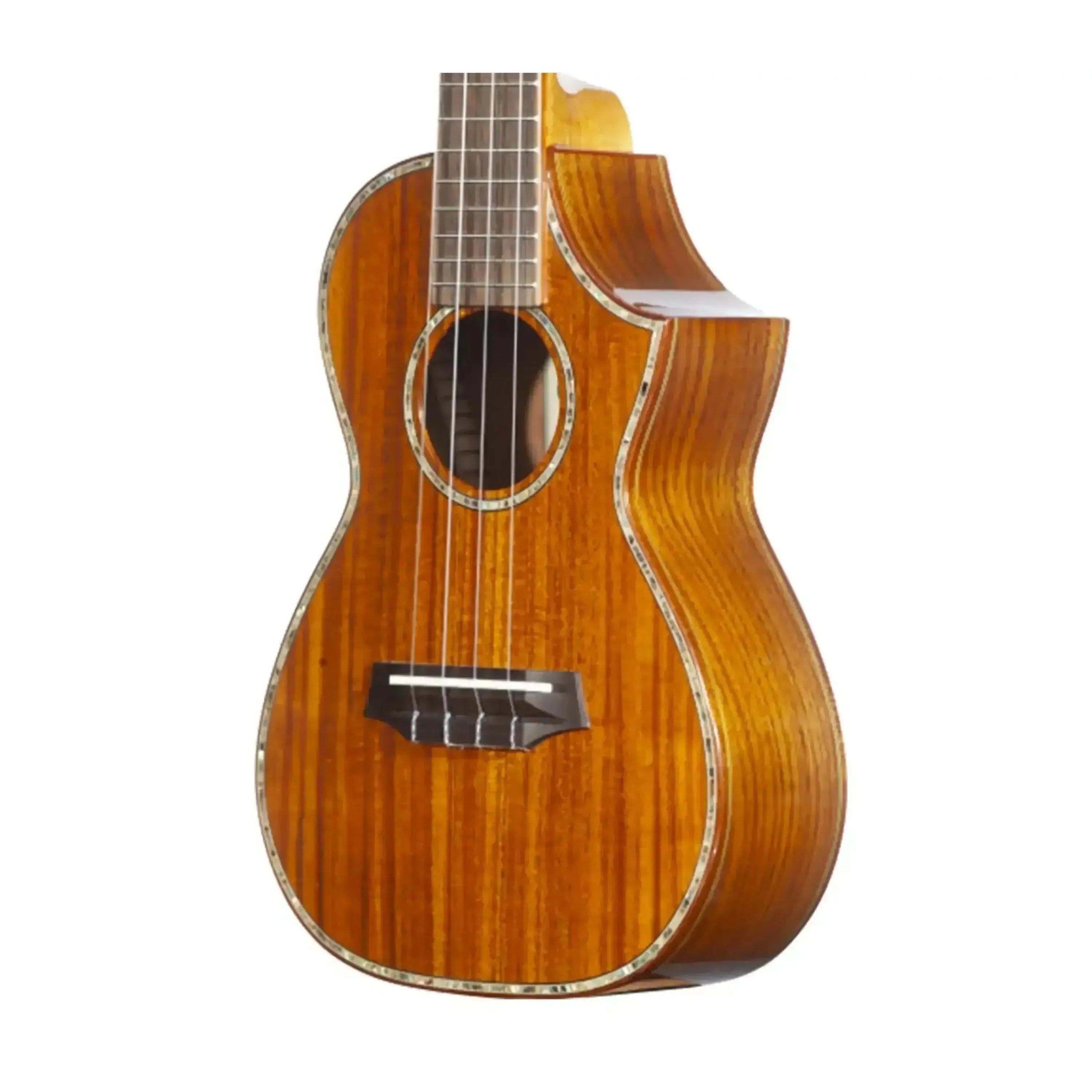 Ohana CK-7 Limited Edition Acacia Concert Ukulele with florentine cutaway, abalone rosette, and gloss finish.