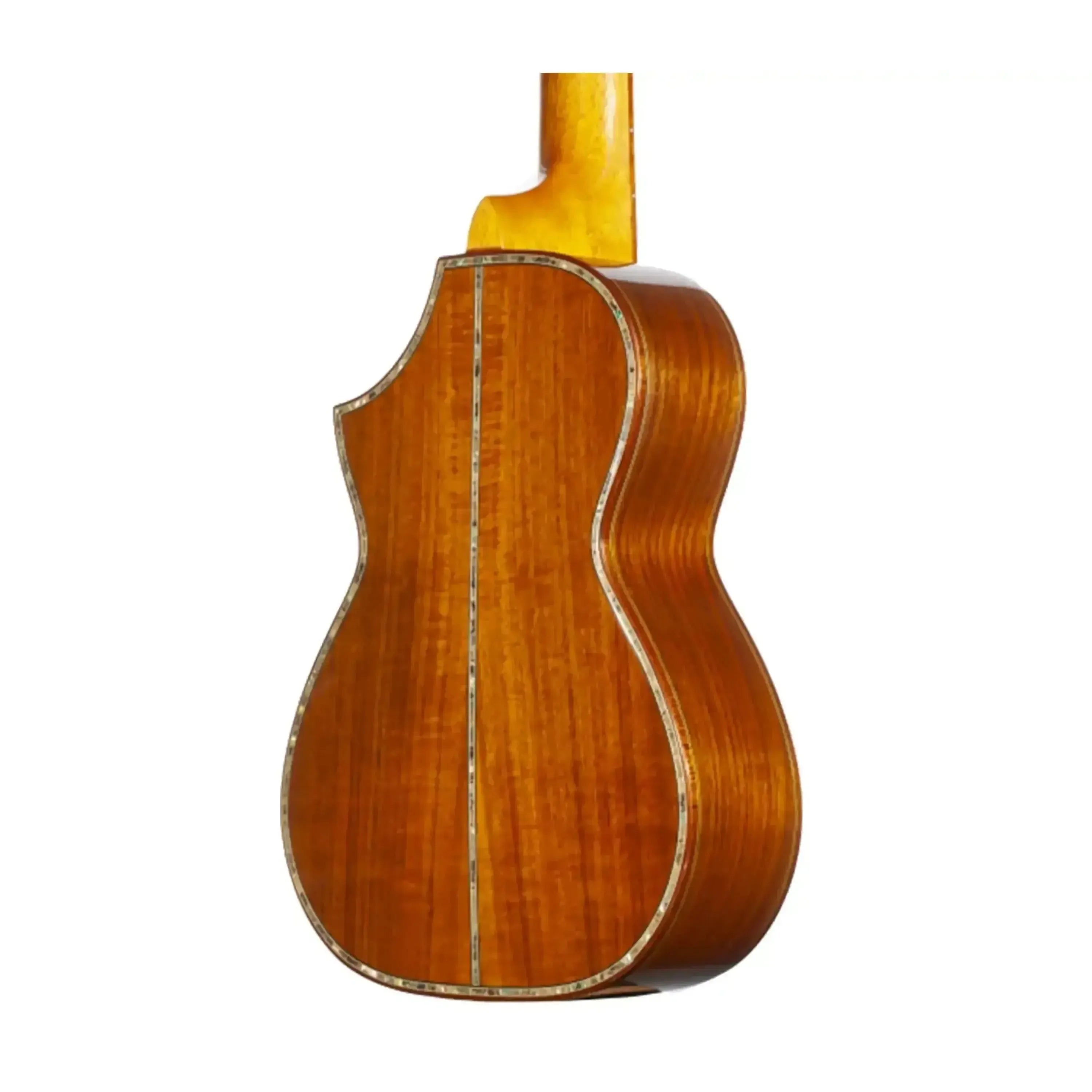 Back of an Ohana CK-7 Limited Edition Acacia Concert Ukulele with florentine cutaway and back-center stripe.