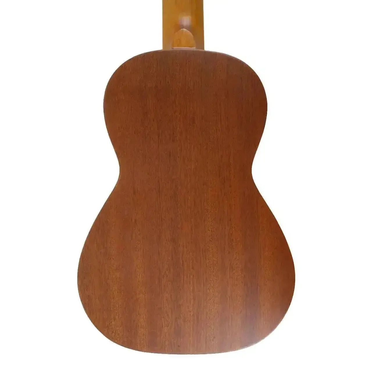 Back of an Ohana CK-70-A6 6-string concert ukulele, showing its solid mahogany back and neck.