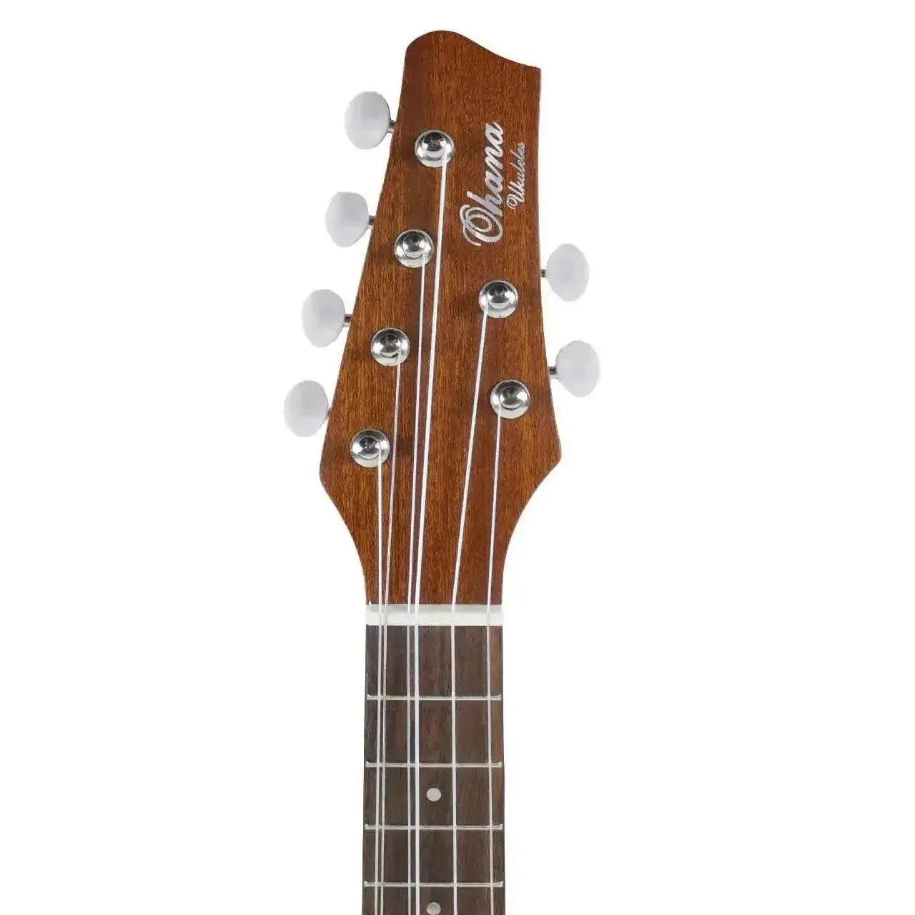 Ohana CK-70-A6 6-string concert ukulele headstock with open slotted design and white tuning pegs.