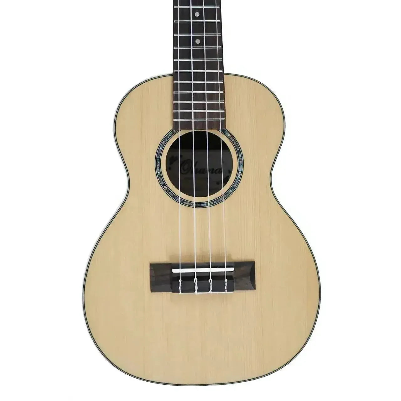 Ohana CK-70R concert ukulele with light spruce top, rosewood back, and abalone rosette.