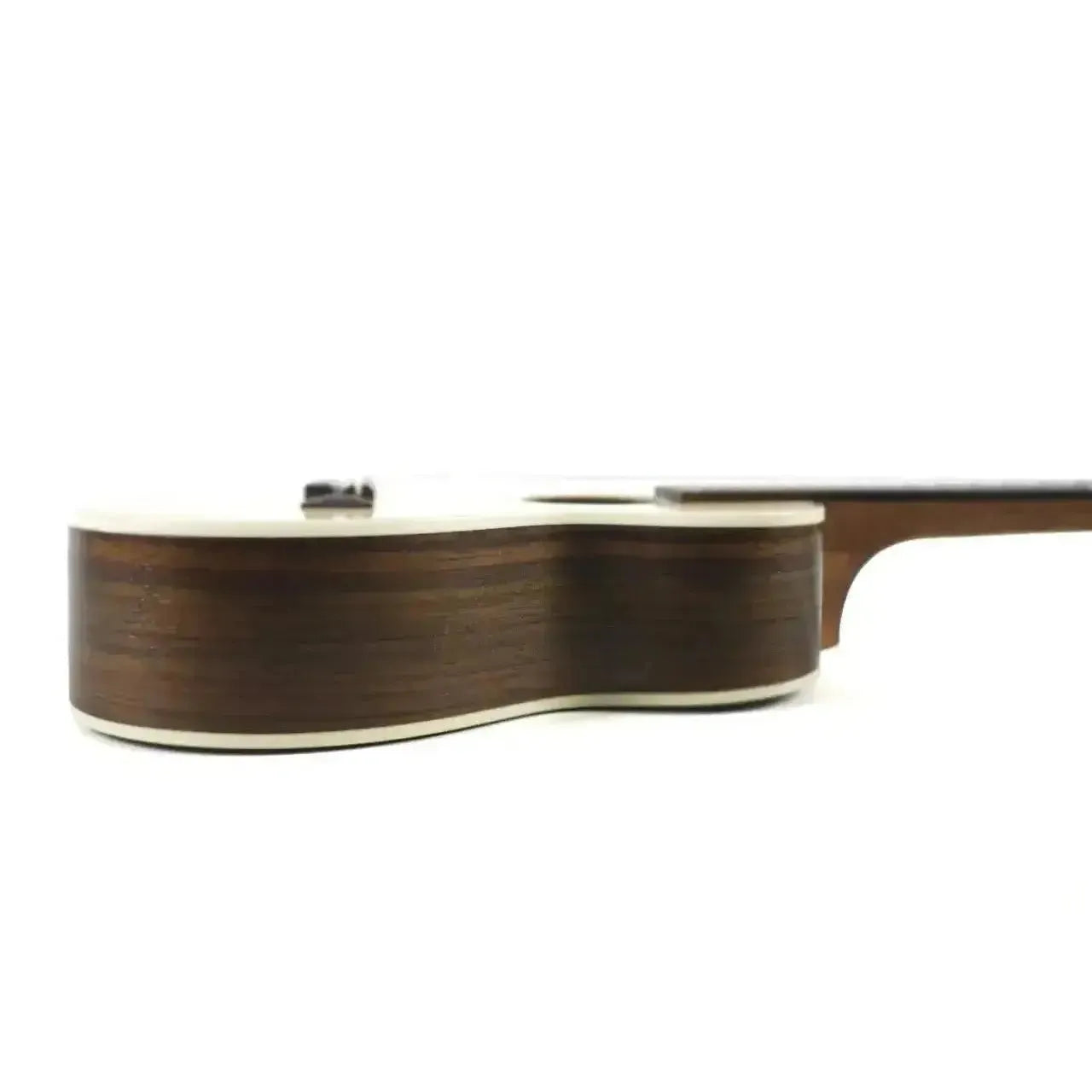 Ohana CK-70R Rosewood Series Concert Ukulele side view, showing dark wood grain and cream binding.