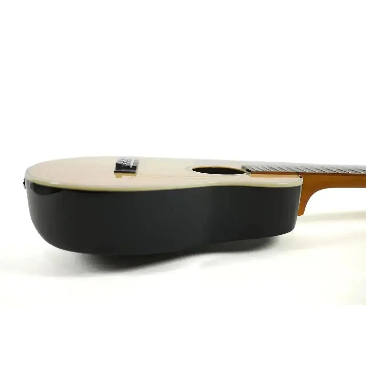 Ohana CK-70RB Concert Ukulele with light spruce top, black composite round back, and cream binding.