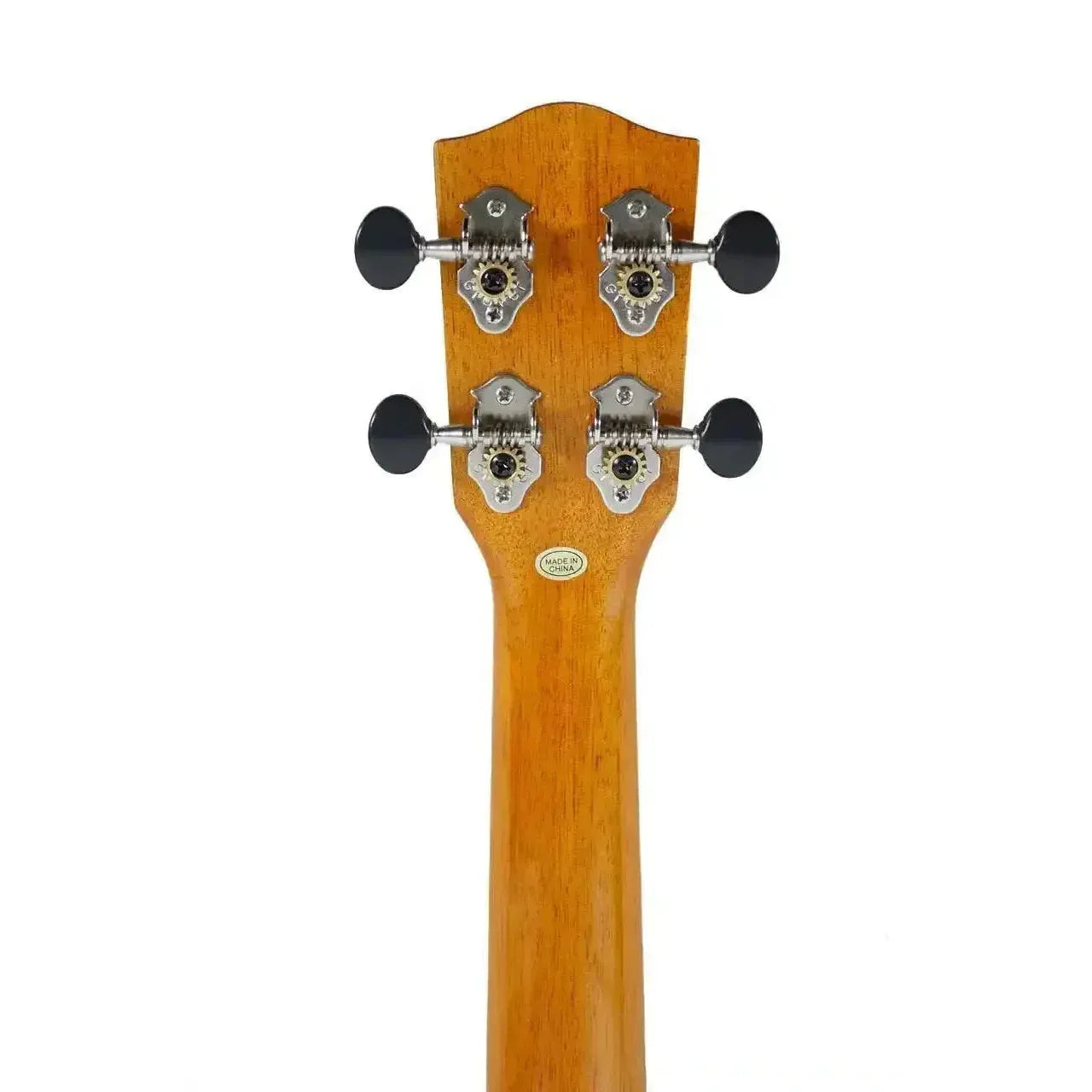 Ohana CK-70RB Concert Ukulele headstock with four black Grover open geared tuners on a light wood neck.