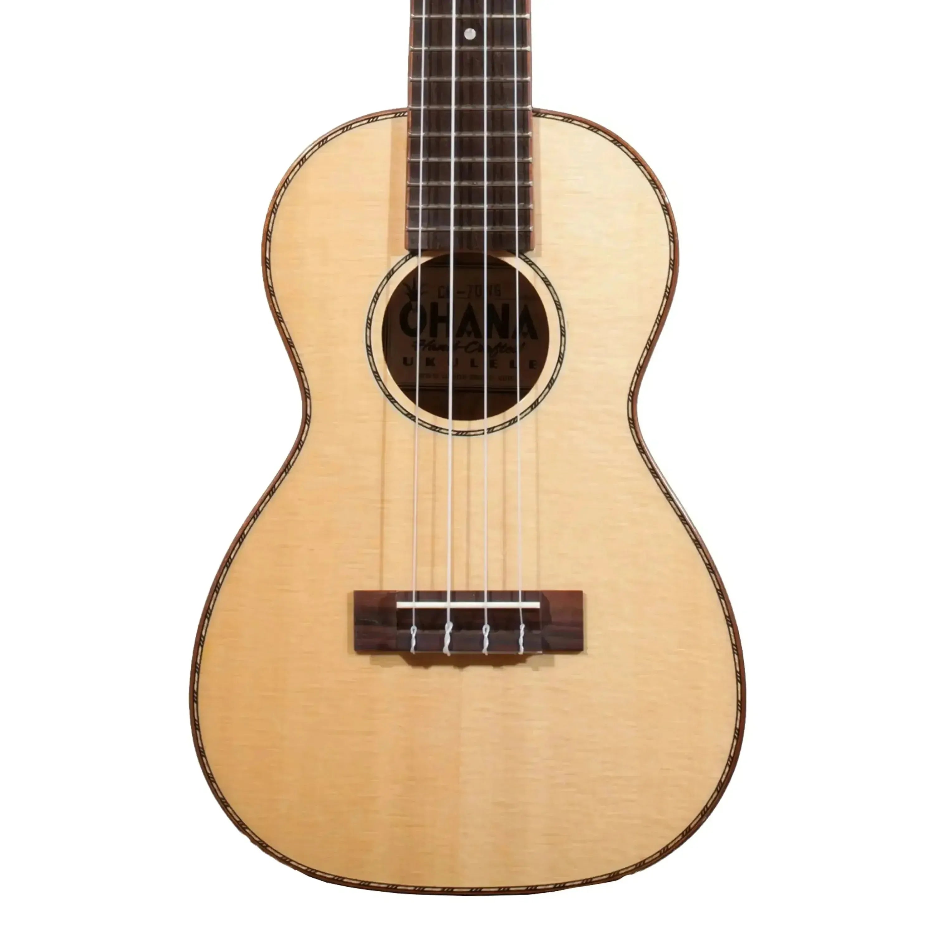 Ohana CK-70WG concert ukulele with solid spruce top, willow wood back, gloss finish, and rope purfling.
