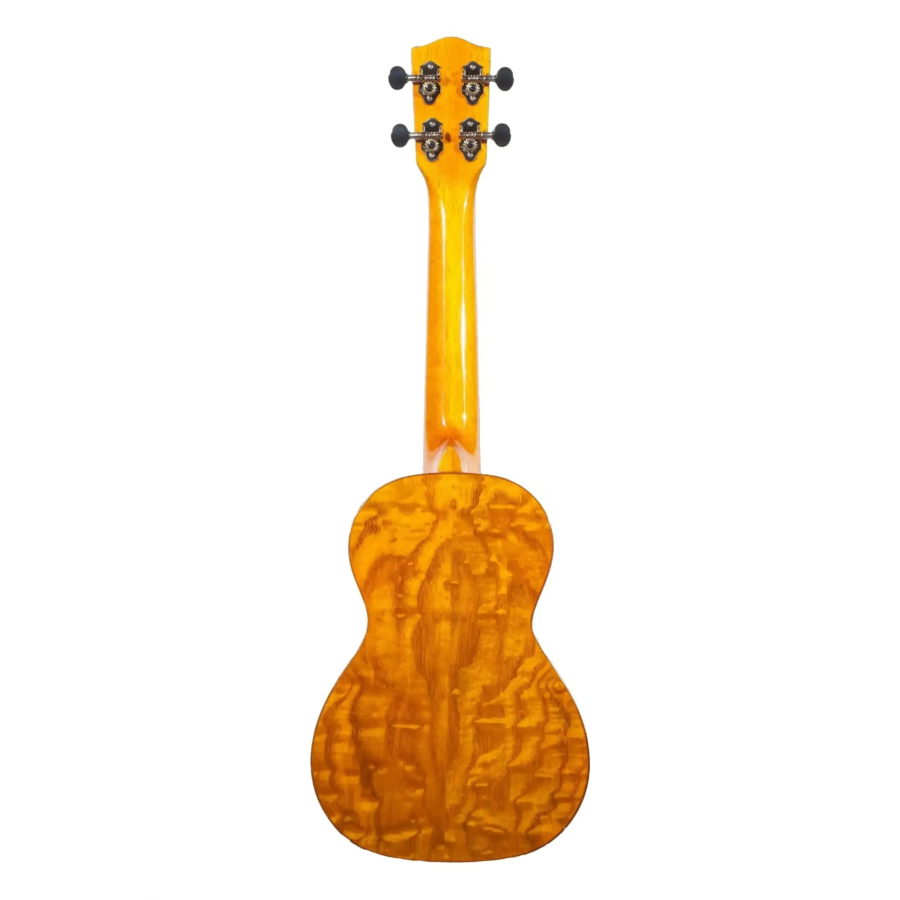 Ohana CK-70WG concert ukulele, back view, showing the glossy willow wood with wavy grain and black tuners.