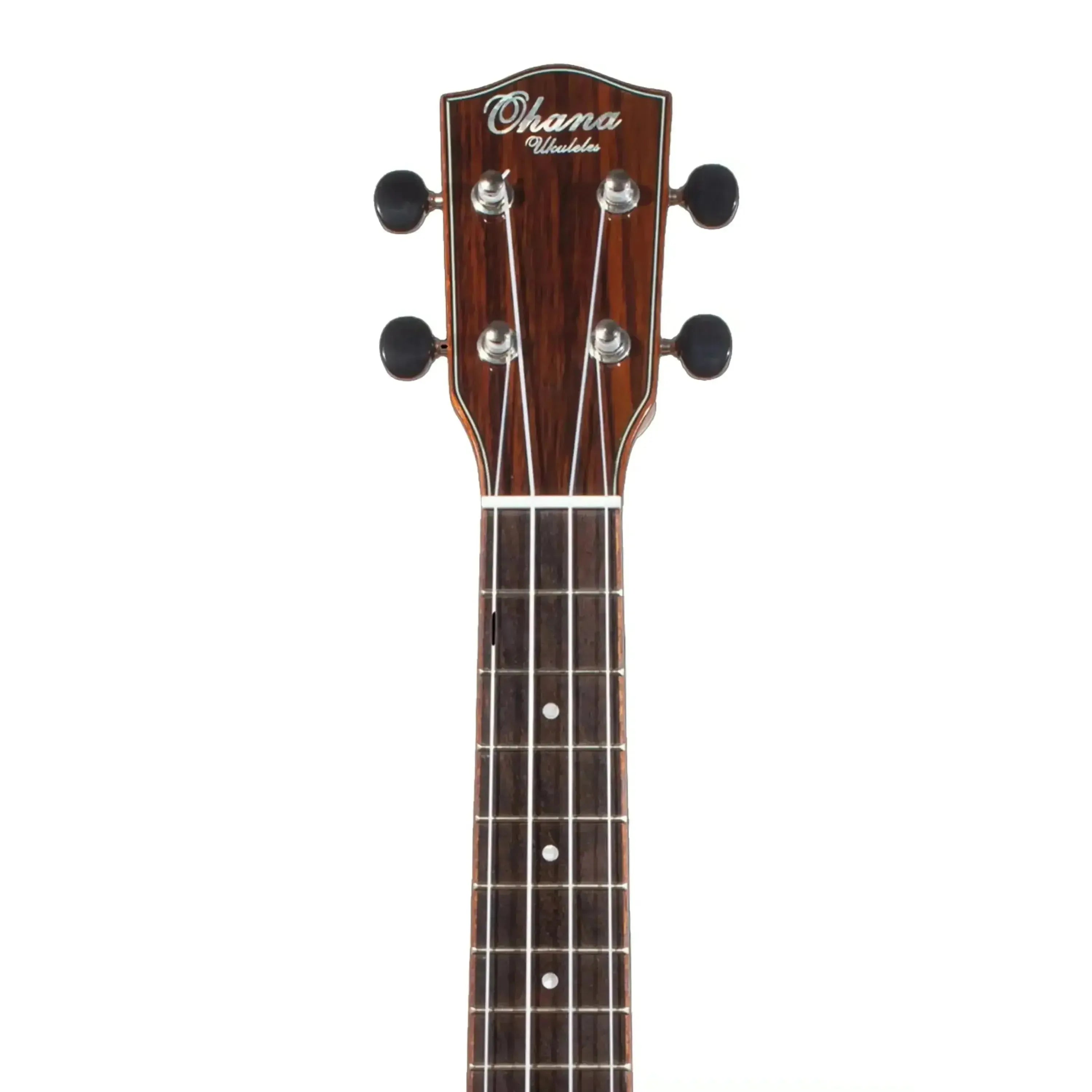 Ohana CK-70WG concert ukulele headstock with dark wood, white purfling, and black geared tuners.
