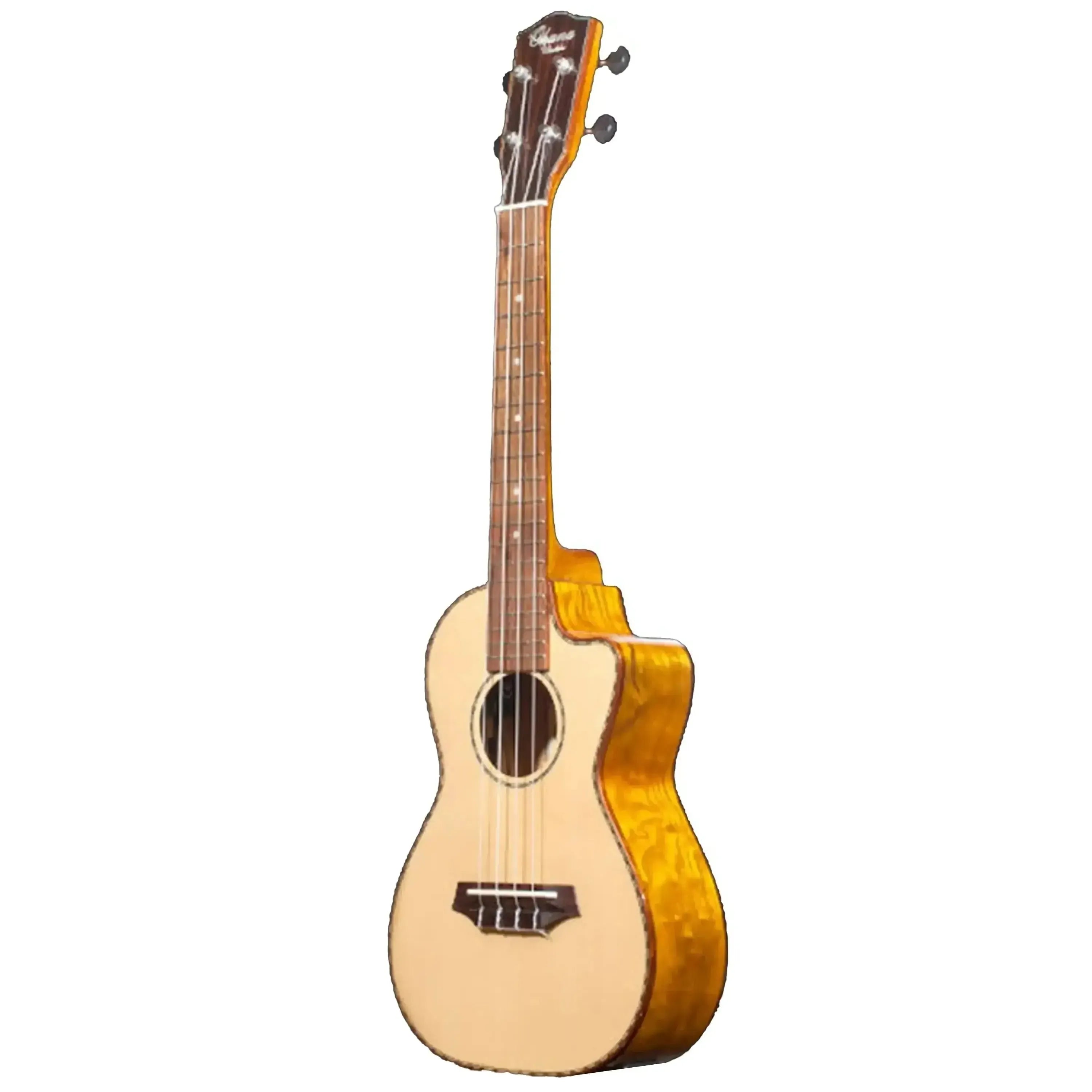 Ohana CK-70WGCE concert ukulele with solid spruce top, willow back, cutaway, and gloss finish.