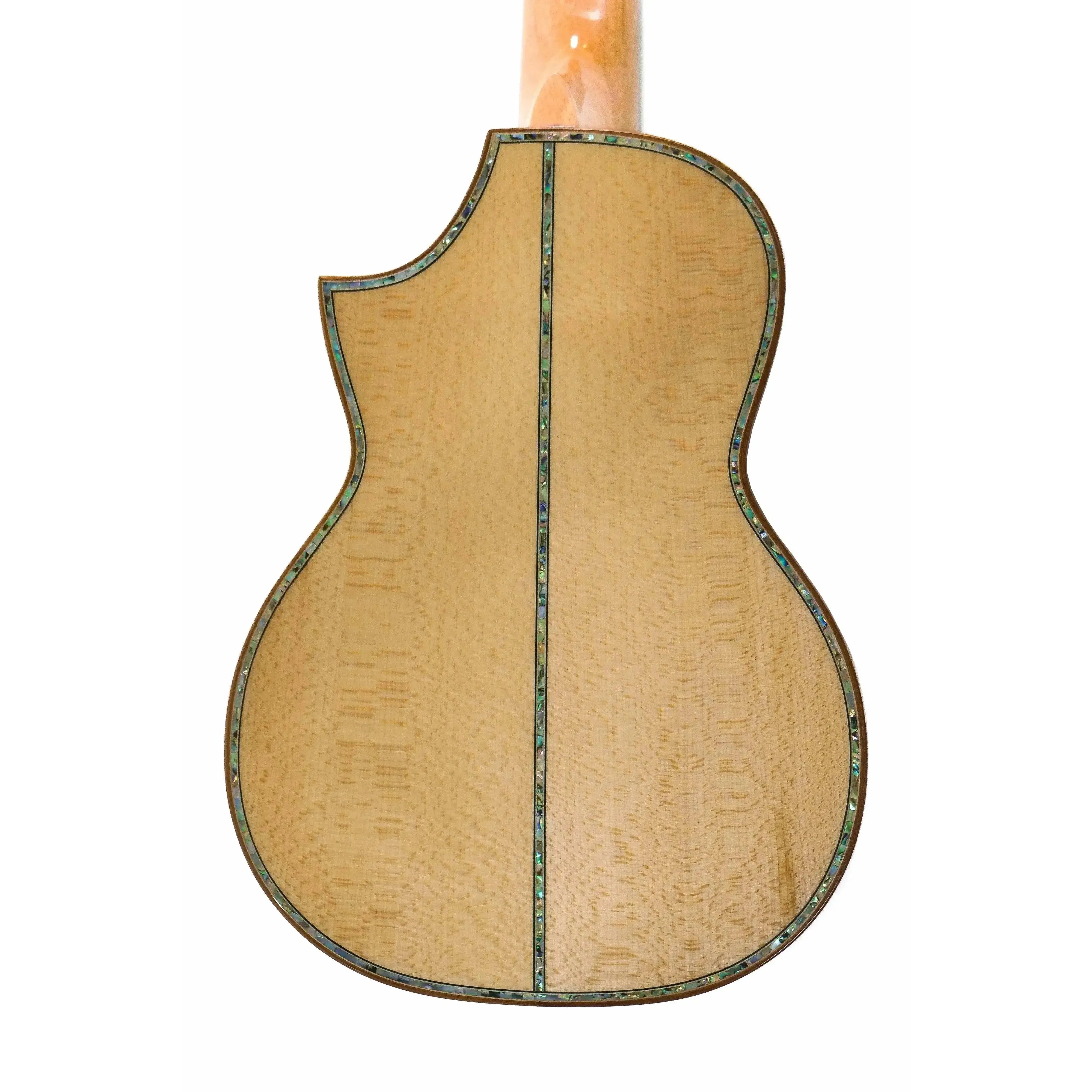 Ohana CK-75CG Concert Ukulele back with flamed maple, abalone inlay, and Florentine cutaway.