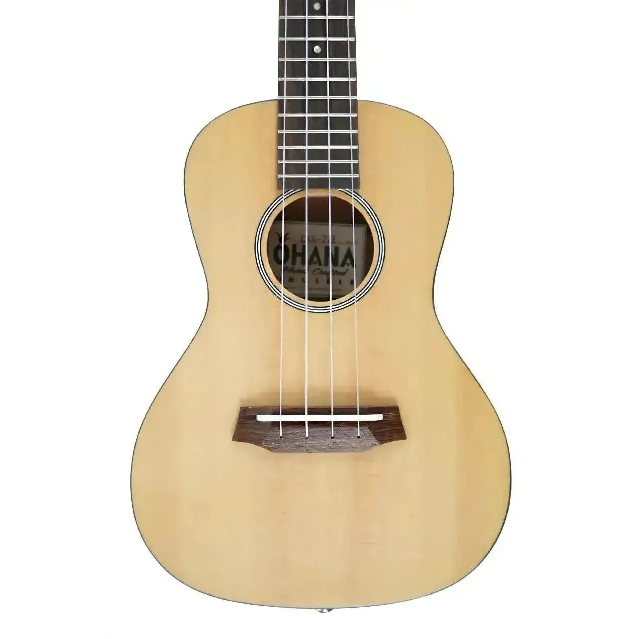 Ohana CKS-22E Slim Line Concert Ukulele with light spruce top, dark fretboard, and multi-ring rosette.