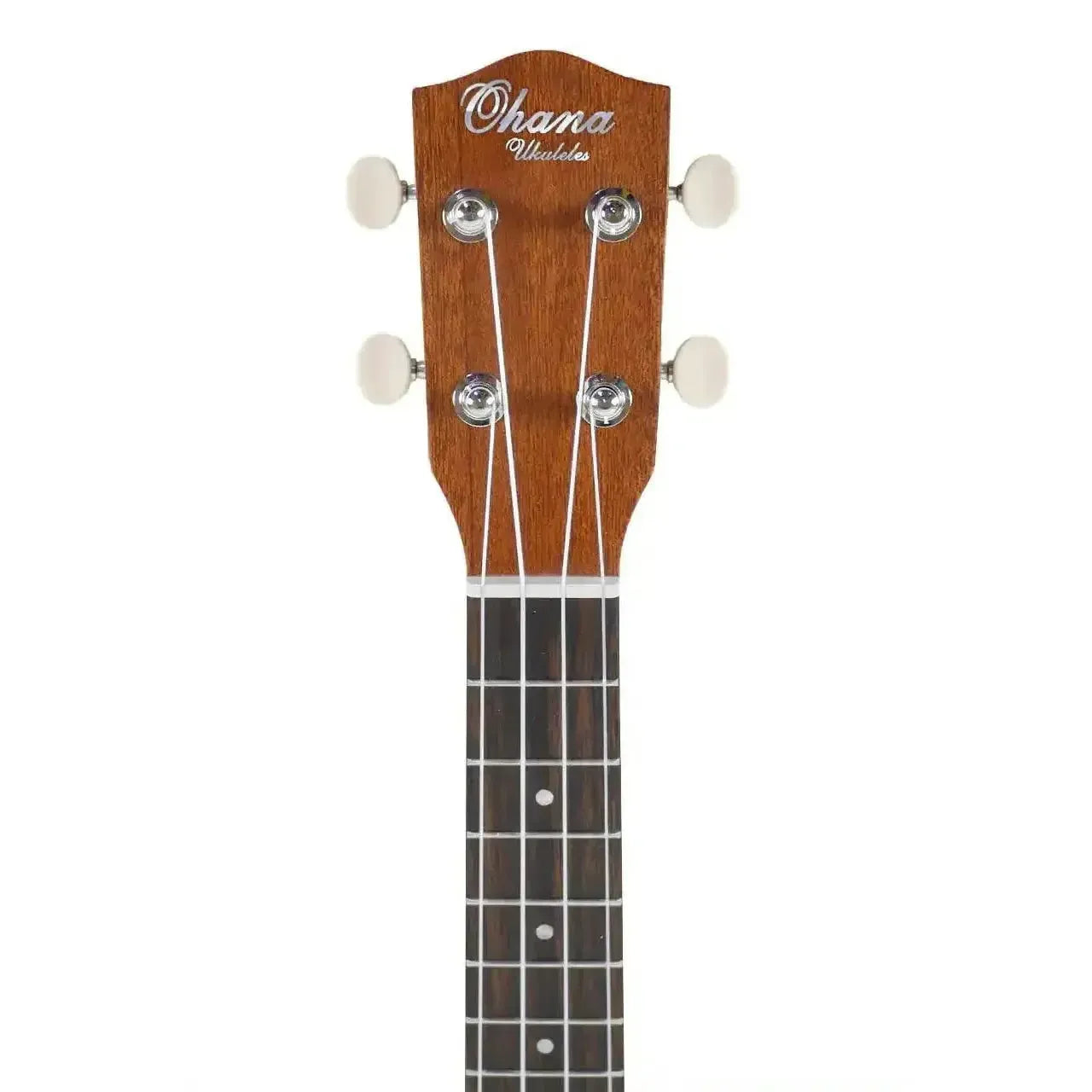 Ohana CKS-22E Slim Line Concert Ukulele headstock with white tuners and dark fretboard.