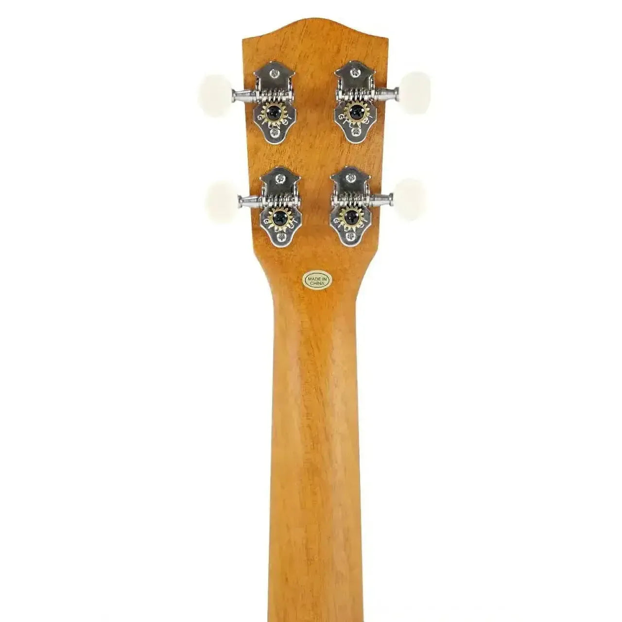 Back of Ohana CKS-22E Concert Ukulele headstock and neck, showing tuning pegs and "Made in China" sticker.
