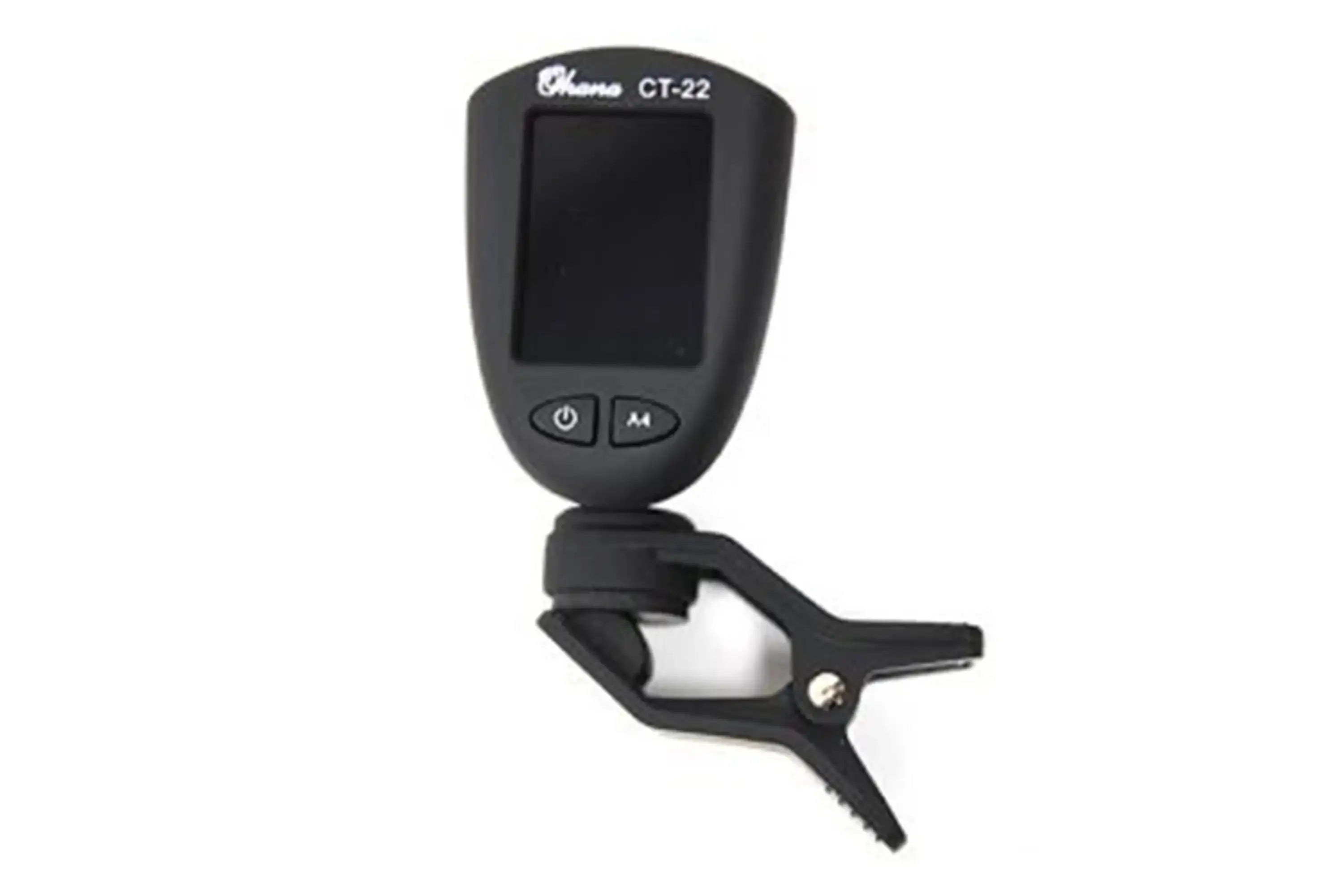 Black Ohana CT-22 clip-on digital ukulele tuner with LCD display and power/mode buttons.