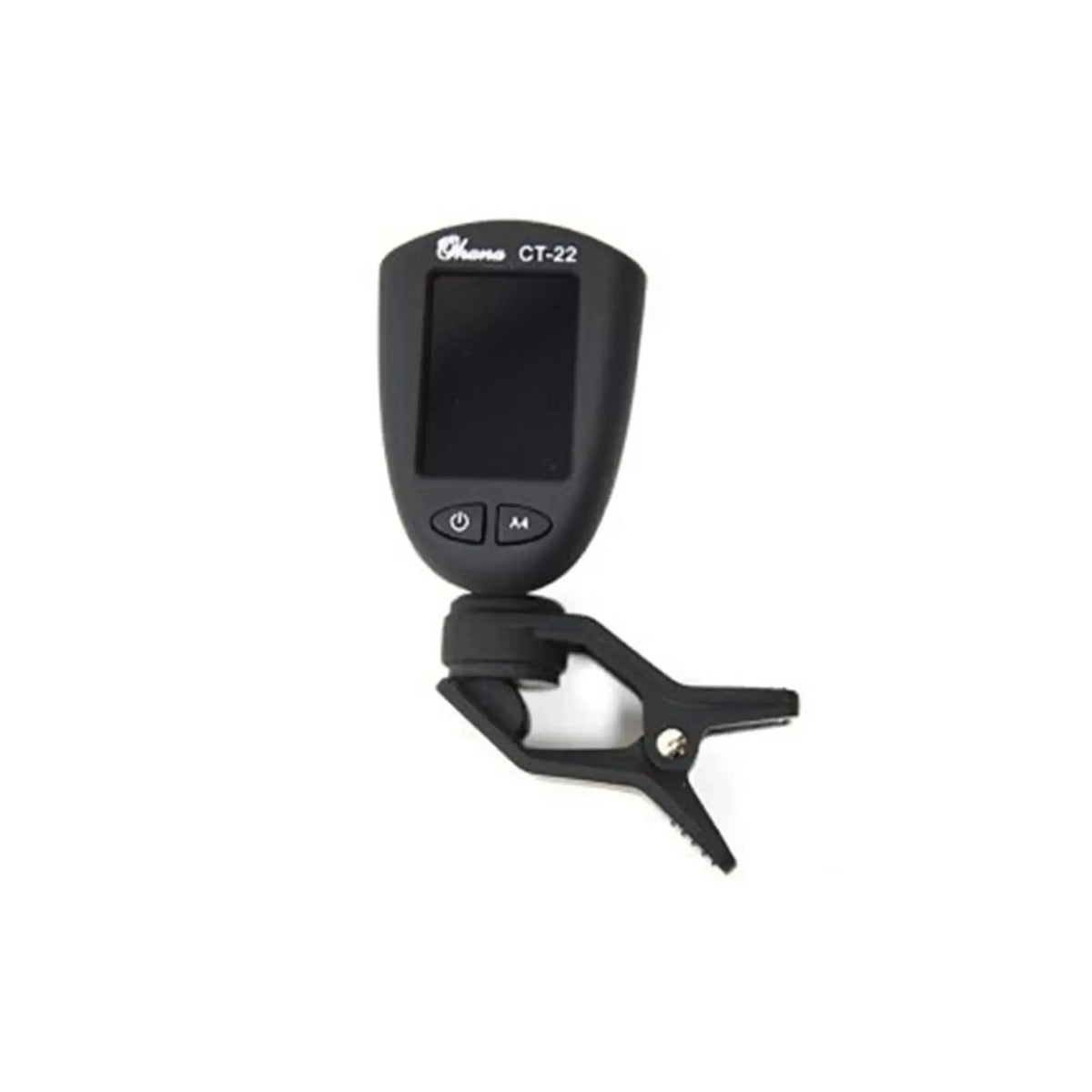 Black Ohana CT-22 clip-on digital ukulele tuner with LCD display and power/mode buttons.