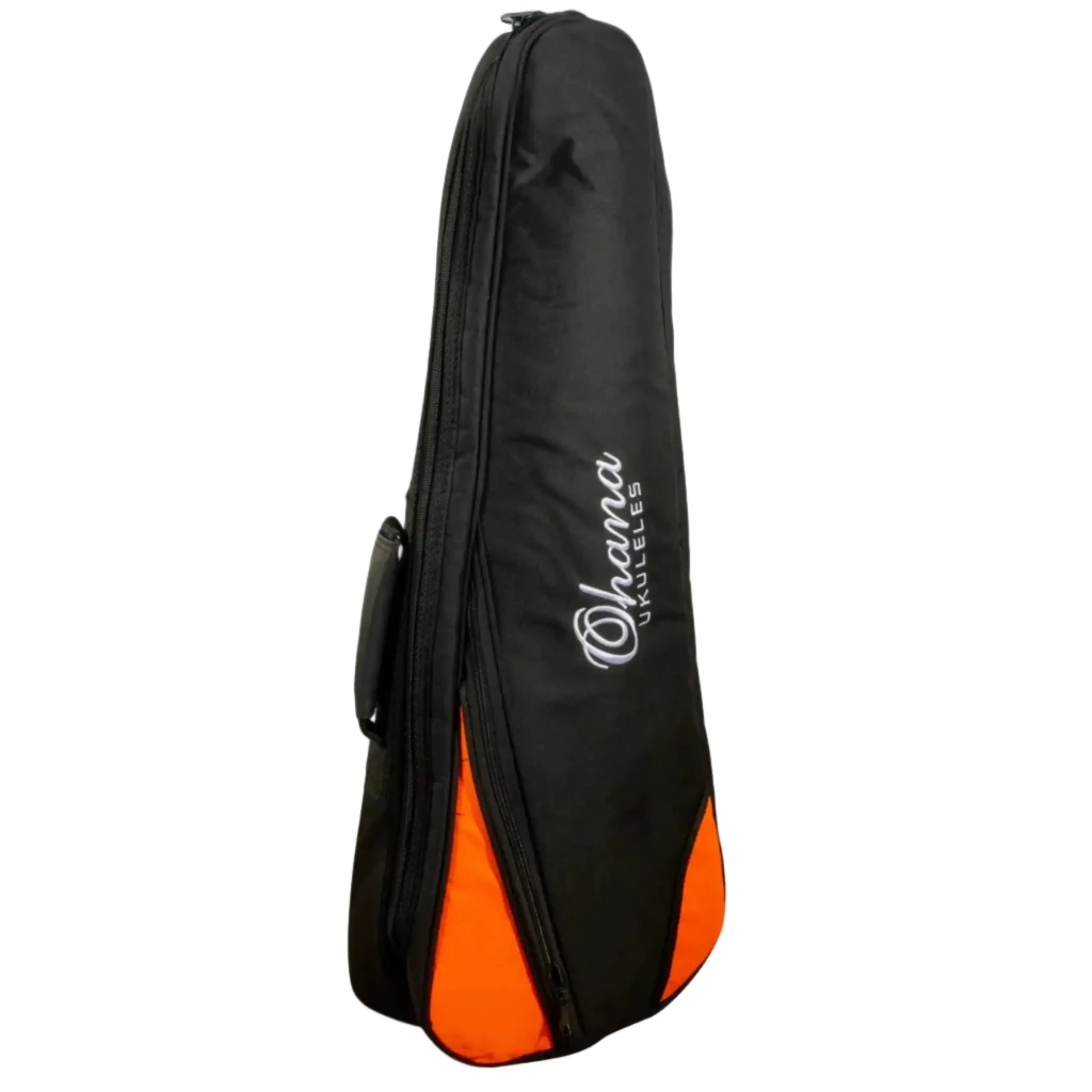 Ohana Deluxe Soprano Ukulele Gigbag, black nylon with orange accents, front pocket, and logo.