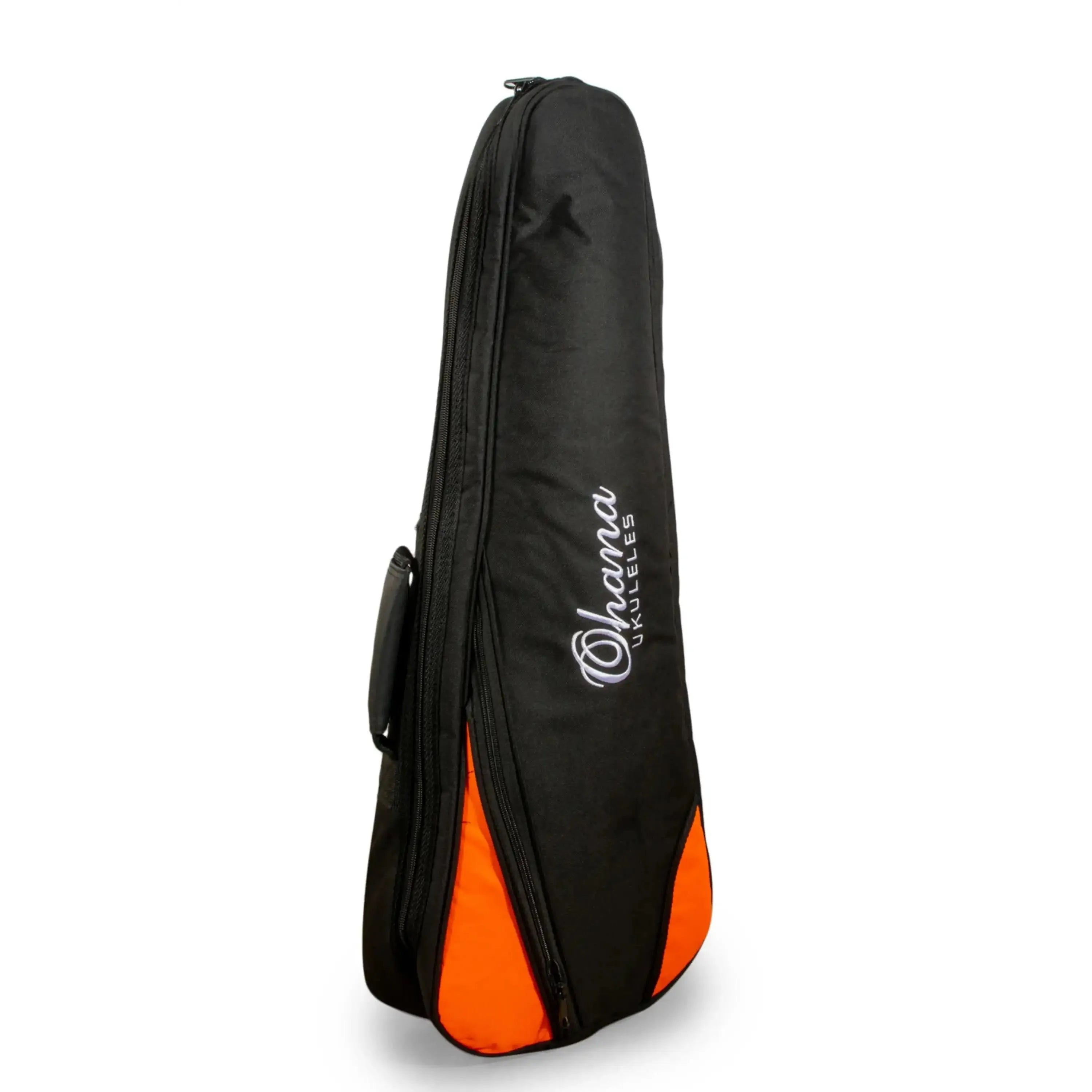 Ohana Deluxe Concert Ukulele Gigbag in black nylon with orange accents and embroidered logo.