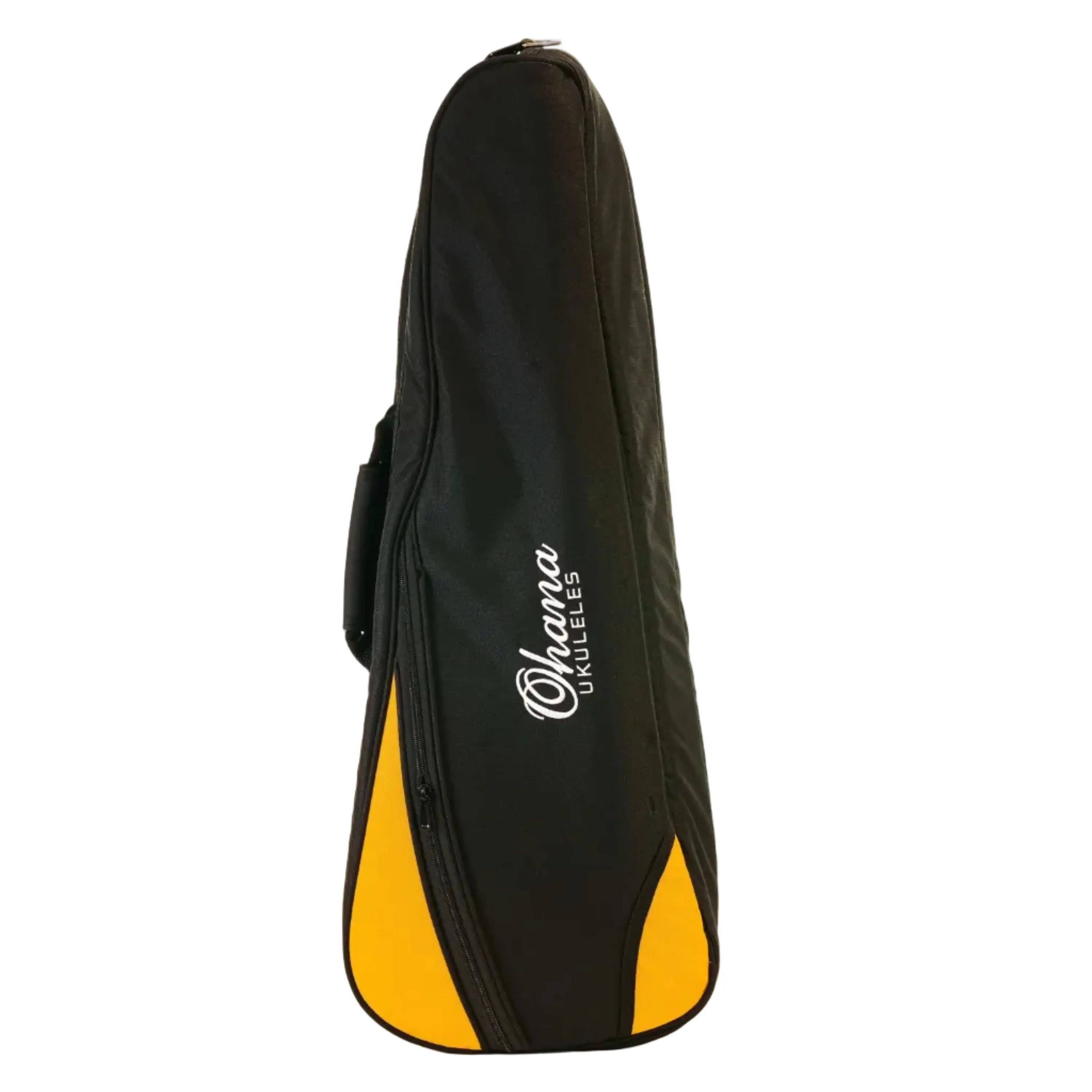 Ohana Deluxe Concert Ukulele Gigbag, black nylon with orange accents and embroidered logo.