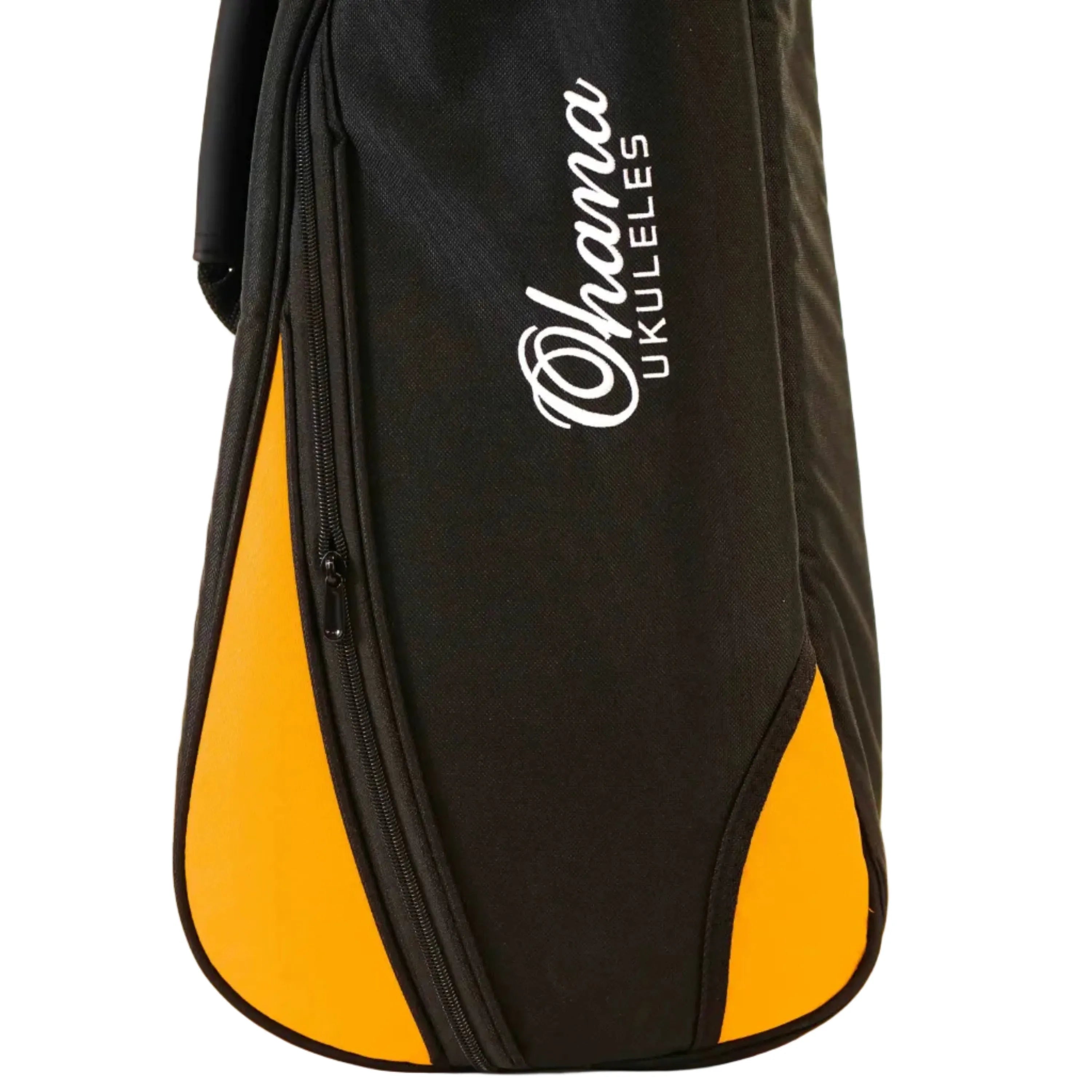 Ohana Deluxe Concert Ukulele Gigbag in black nylon with orange accents and embroidered logo.