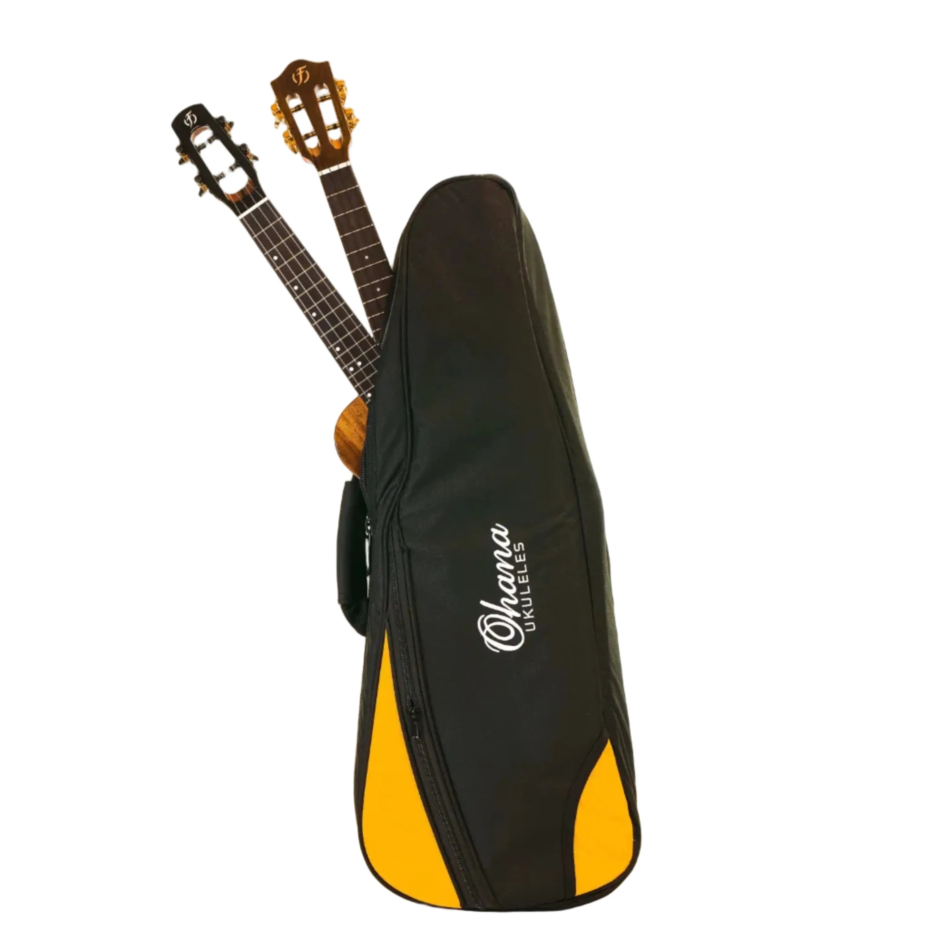 Ohana Double Deluxe Concert Ukulele Bag, black nylon with orange accents, holding two ukuleles.