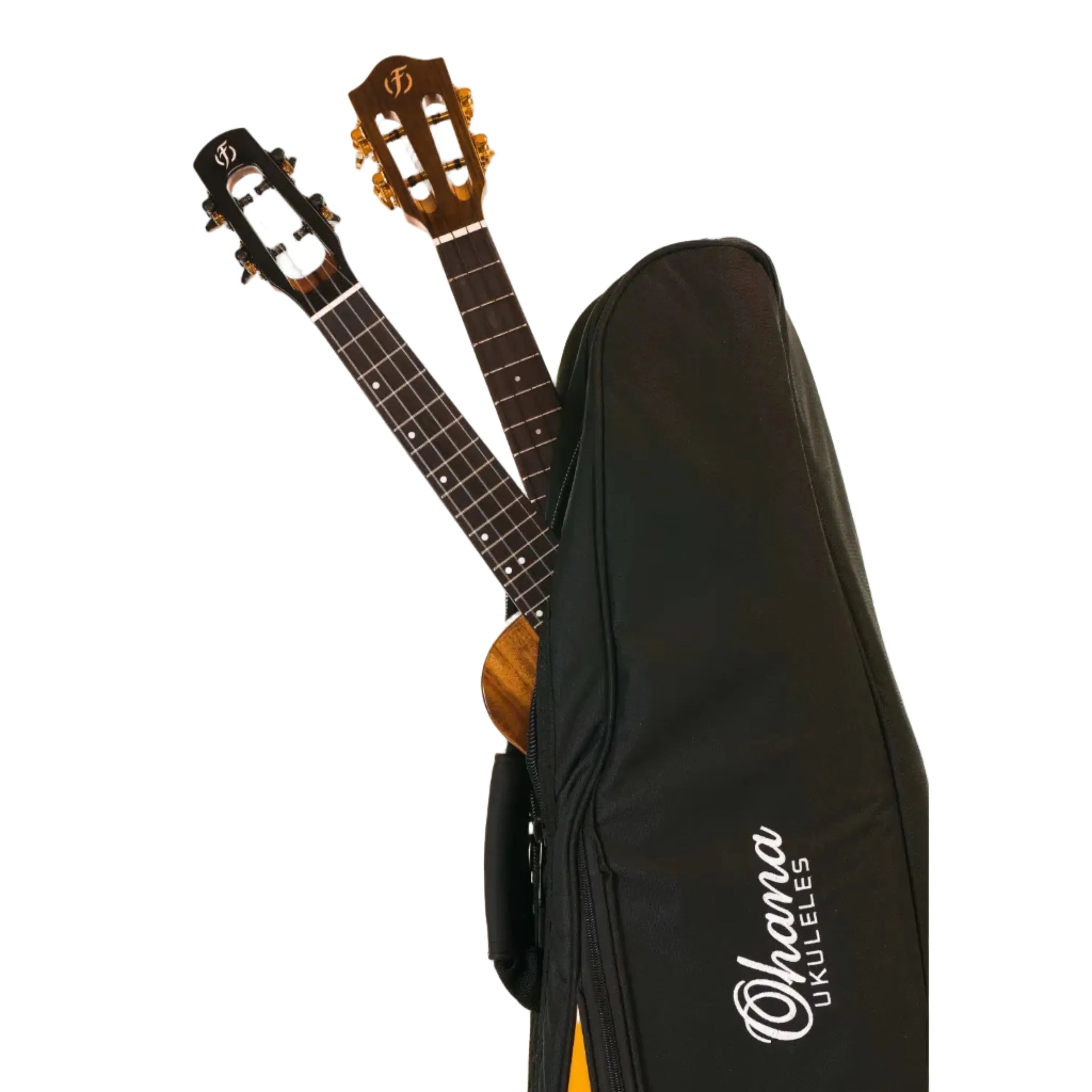 Ohana DB2-24OR Double Deluxe Concert Ukulele Bag, black nylon with orange accents, holding two ukuleles.