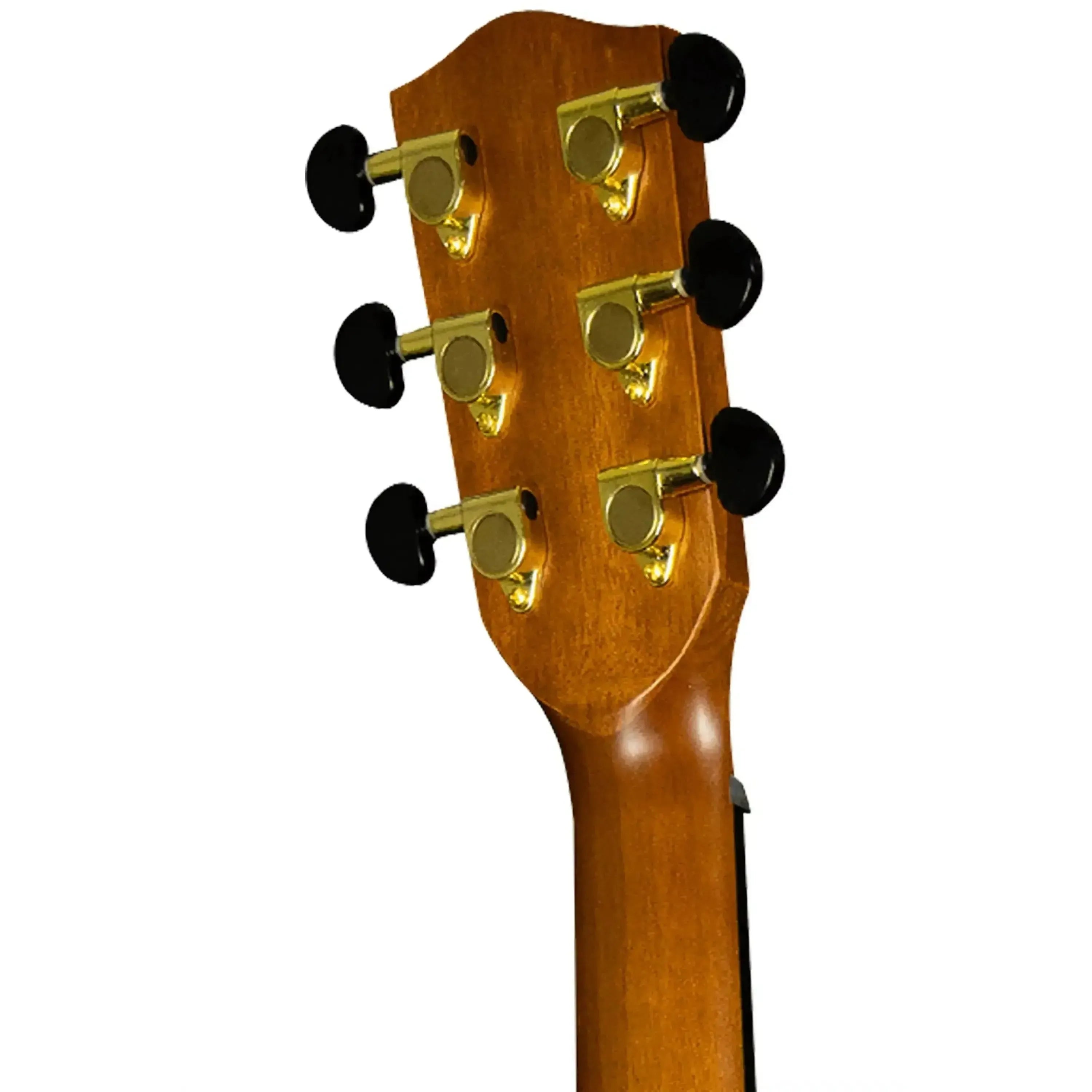 Ohana GT-8E 1/2 guitar headstock with 6 gold closed gear tuners and black knobs.