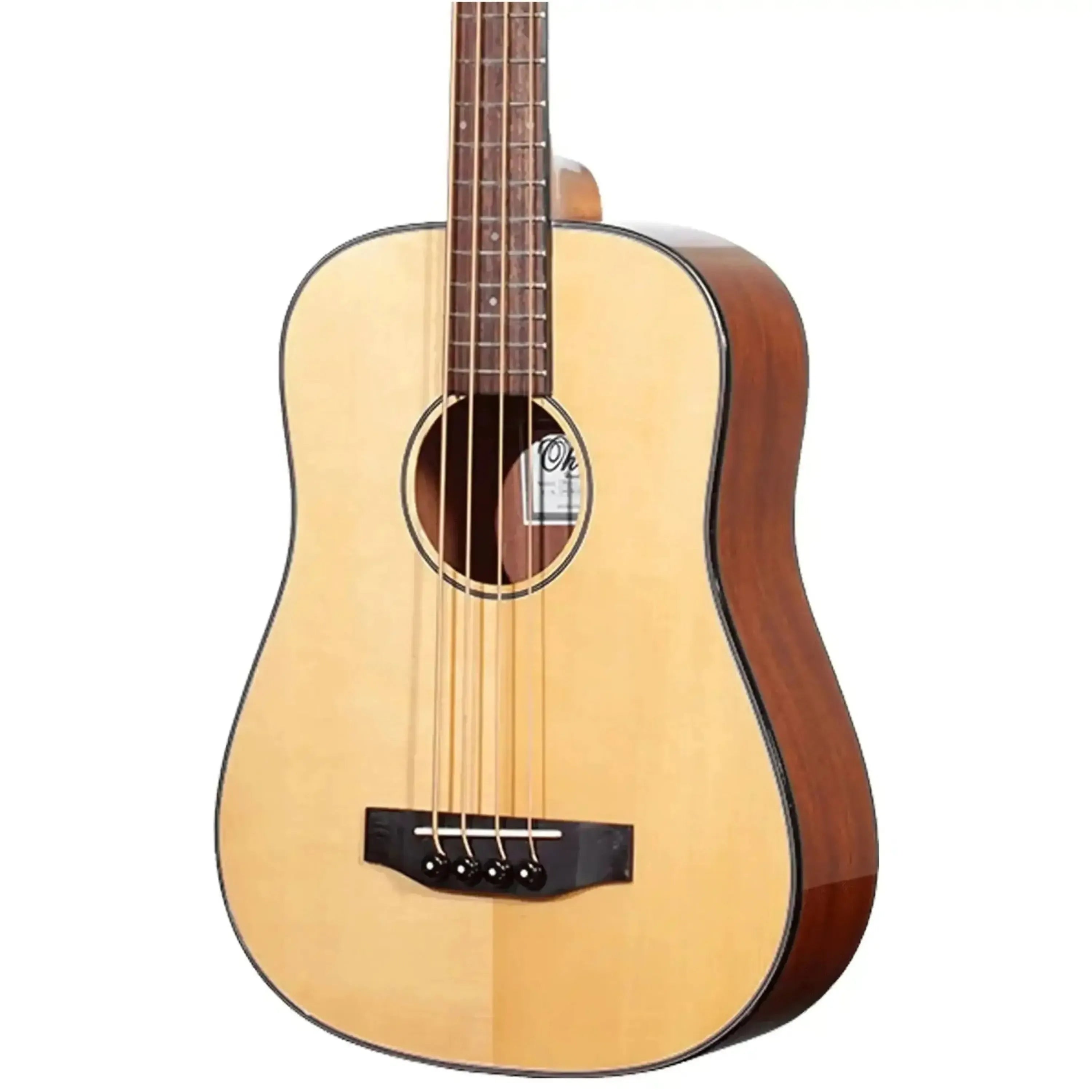 Ohana OBU-22 acoustic electric bass with light spruce top, mahogany back/sides, and black bridge.