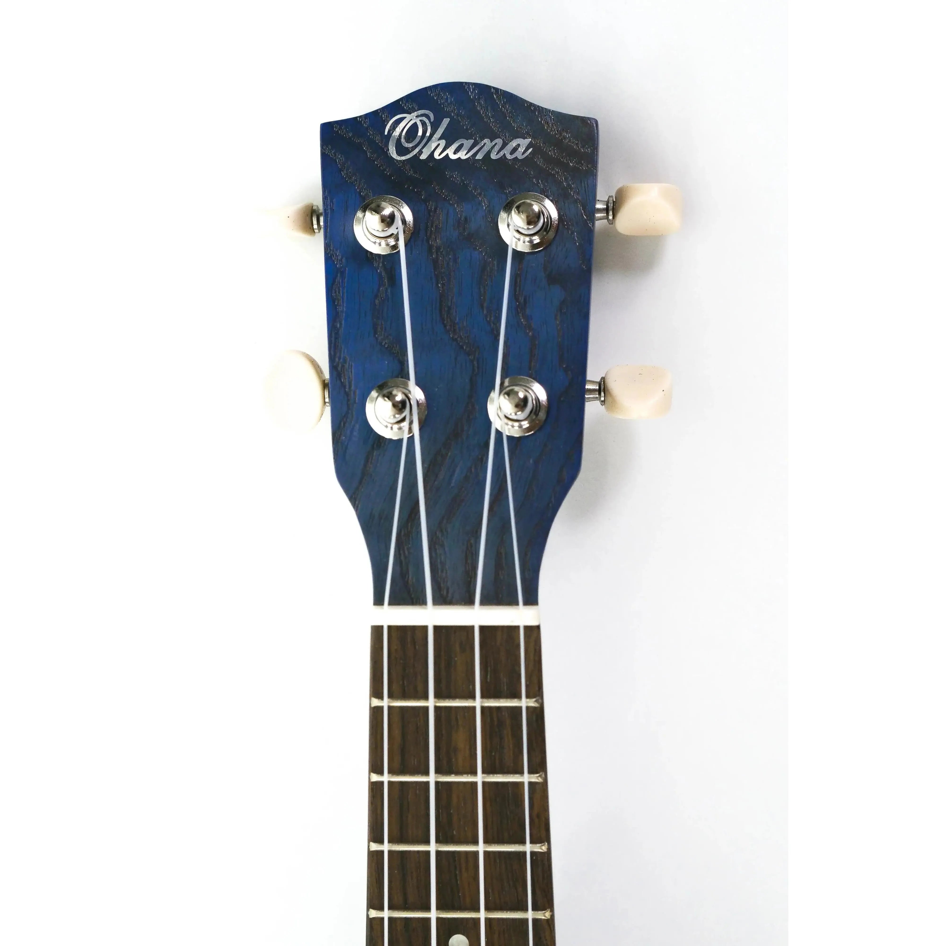 Ohana O'Nina Sopranissimo ukulele headstock, blue willow wood, Grover tuners, and fretboard.