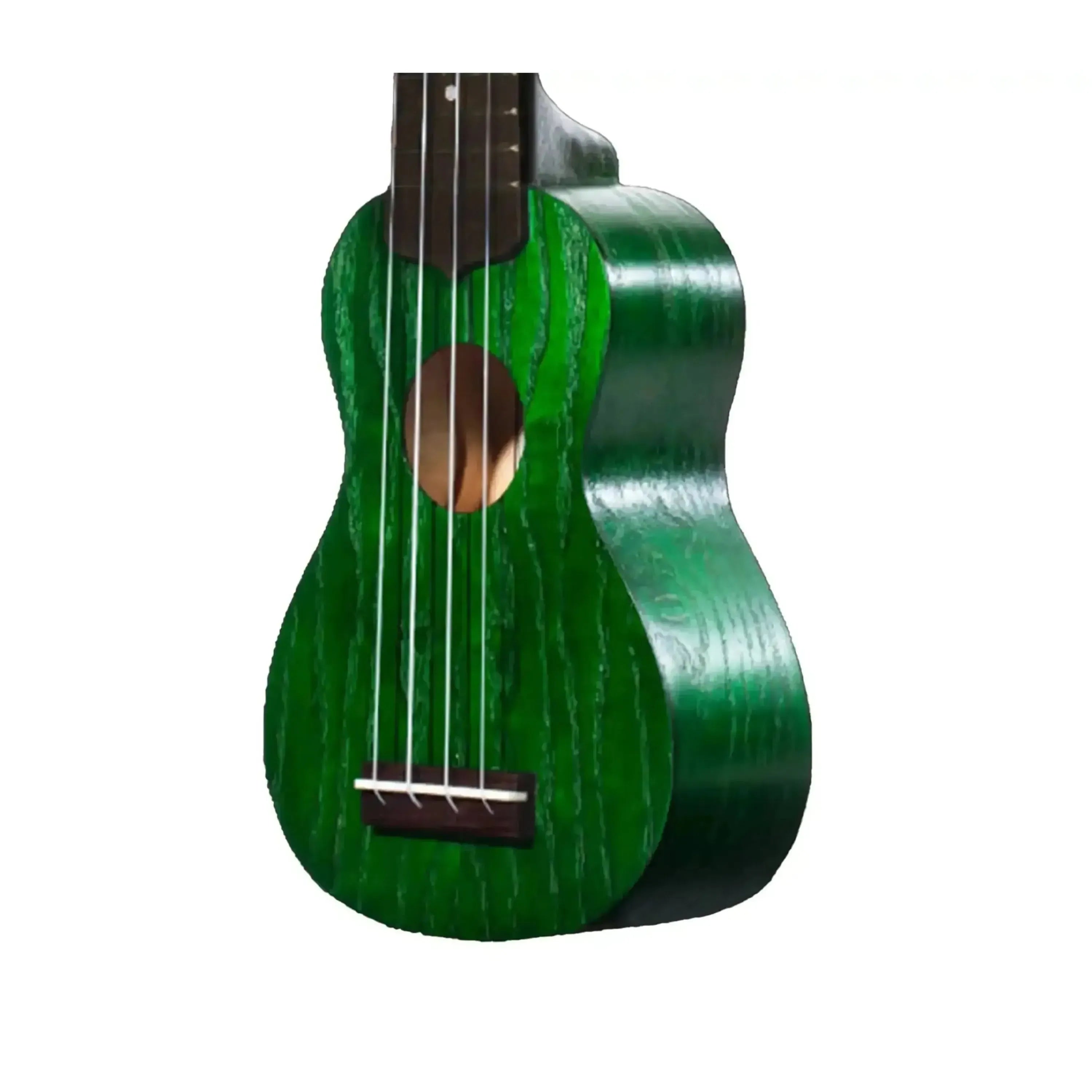 Ohana O'Nina Willow Green Sopranissimo Ukulele, front view, showing soundhole and strings.