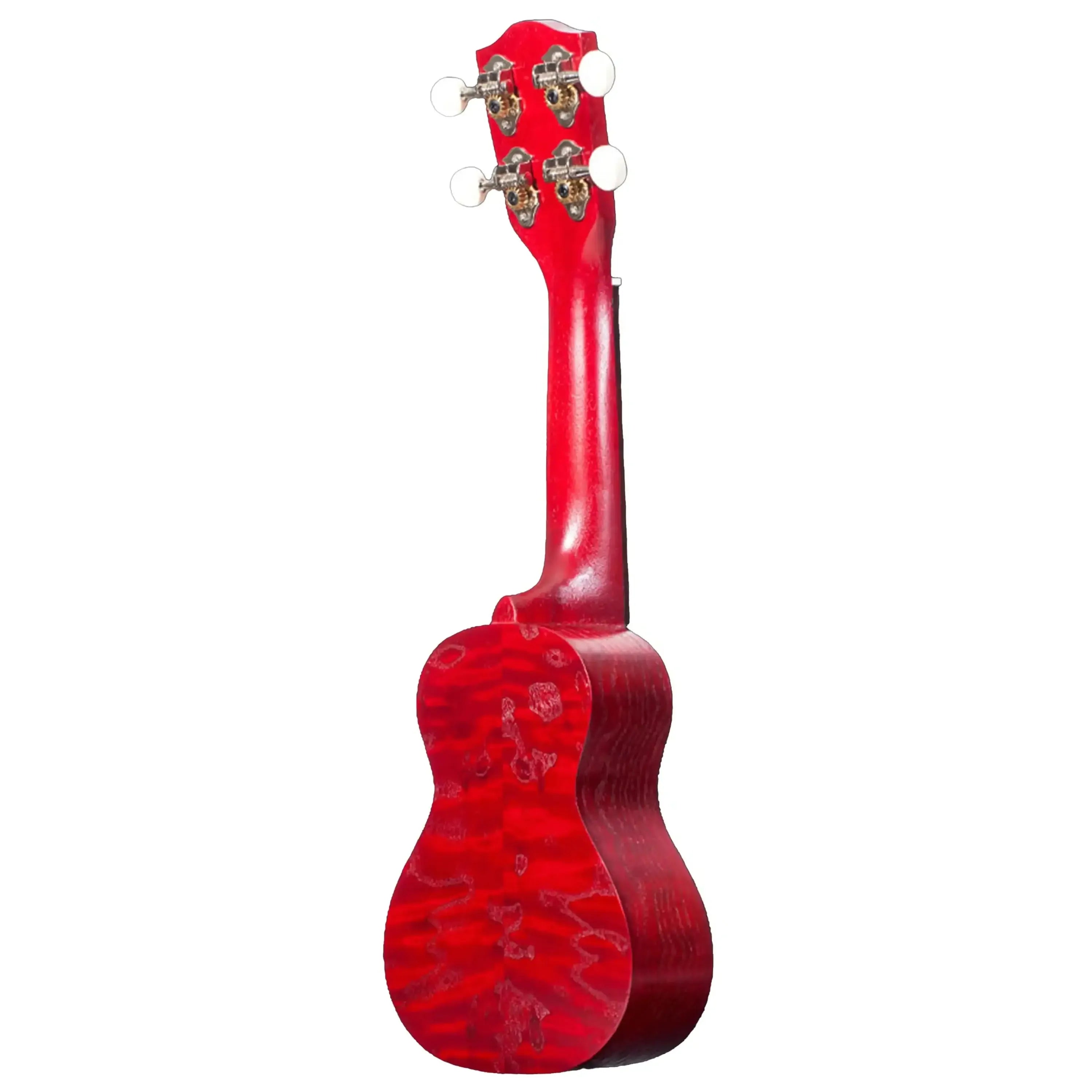 Ohana O'Nina Sopranissimo Ukulele, back view, showing its vibrant red willow wood body and mahogany neck.