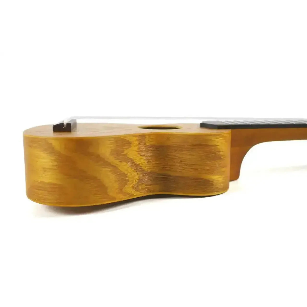 Ohana O'Nina Sopranissimo Ukulele, light brown willow wood body with satin finish, side view.