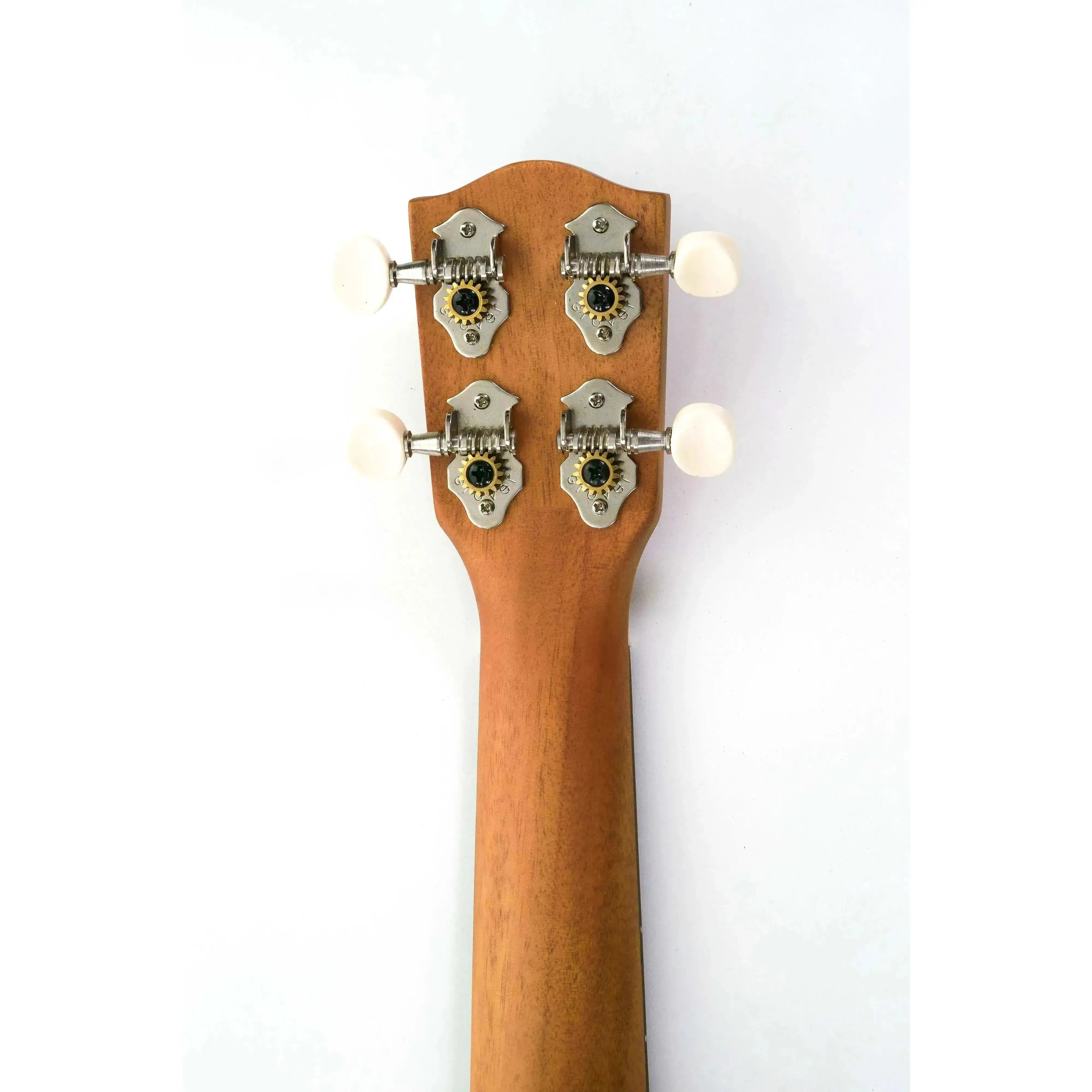 Ohana O'Nino Sopranissimo ukulele headstock with Grover Nickel tuners and cream buttons.