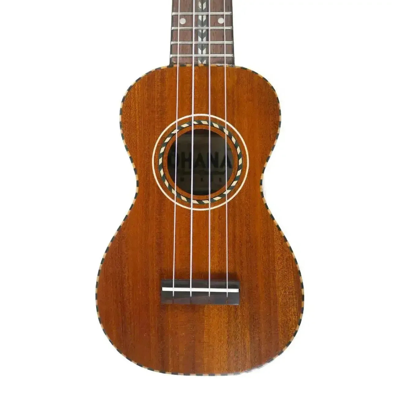 Ohana Pequeño Series solid mahogany sopranino ukulele with Nunes-style rope binding and soundhole.