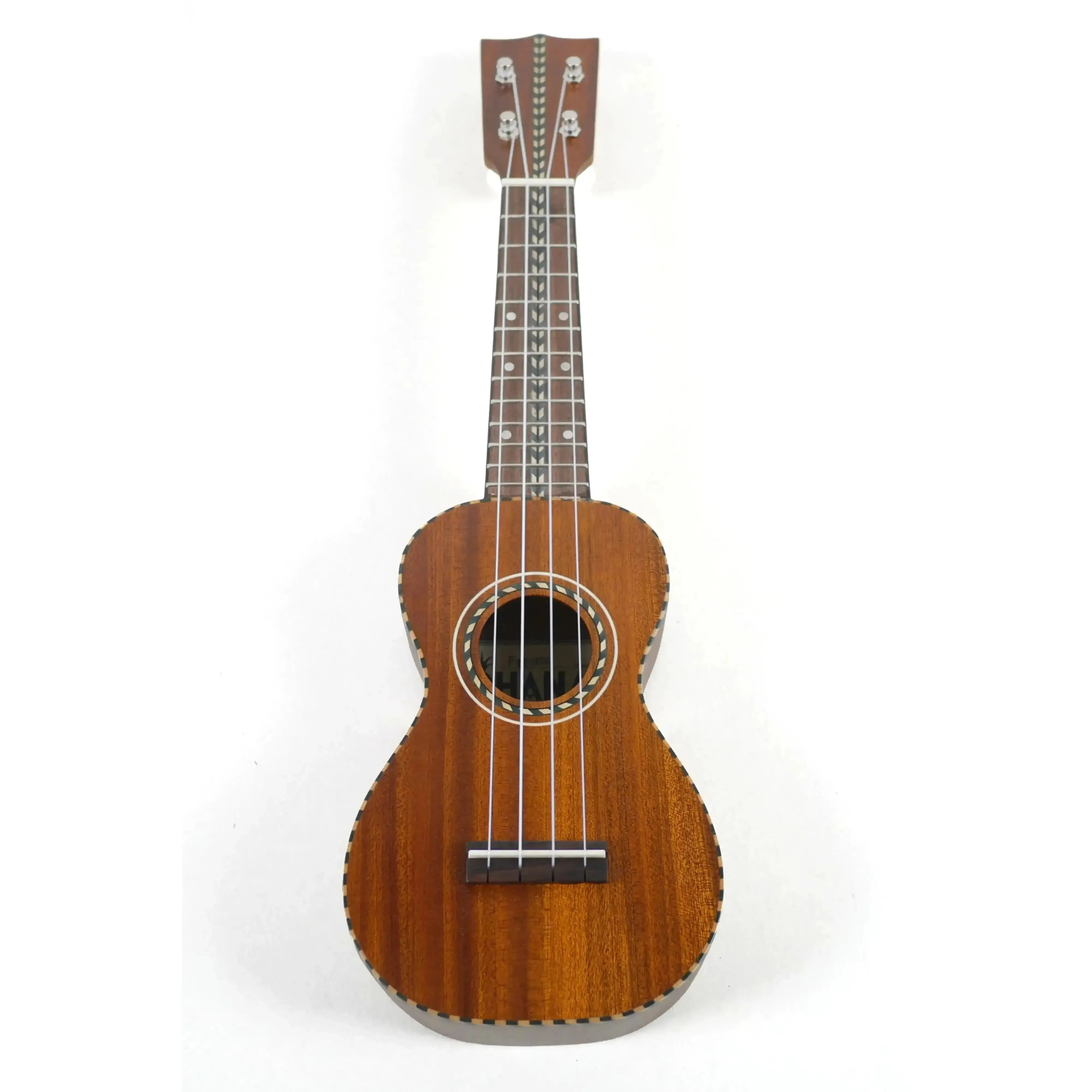 Ohana Pequeño Series solid mahogany sopranino ukulele with vintage satin finish, rope binding, and chevron headstock.