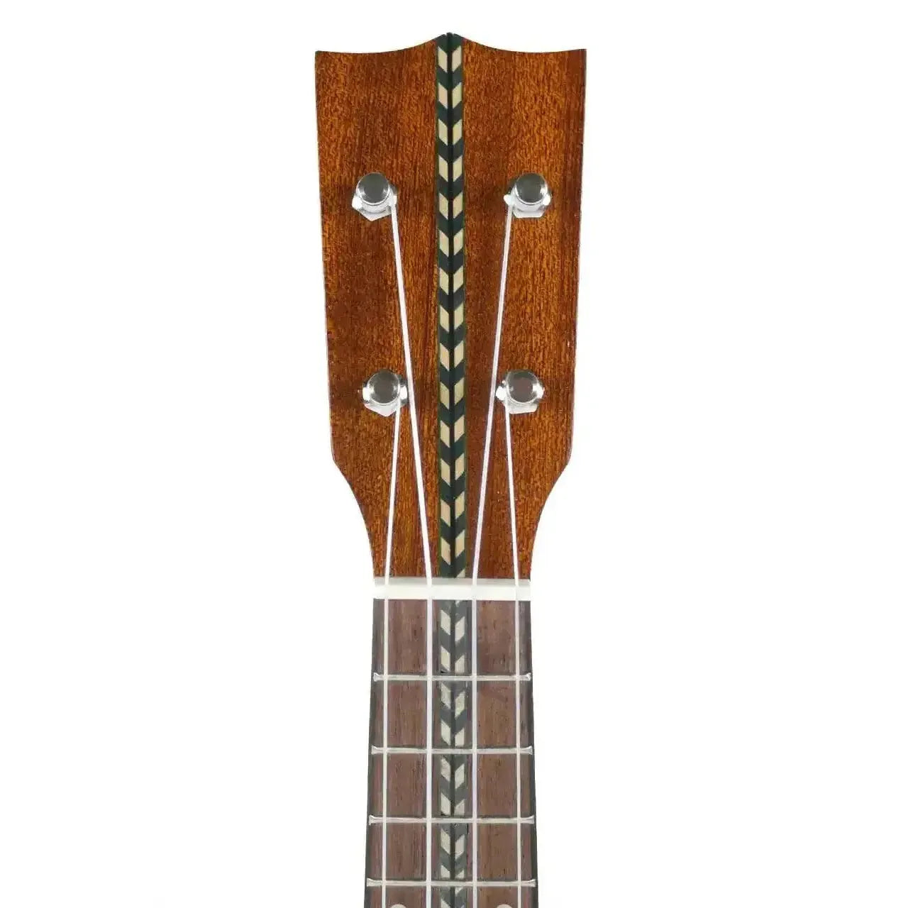 Ohana Pequeño Series Sopranino Ukulele mahogany headstock with chevron design and Gotoh tuners.
