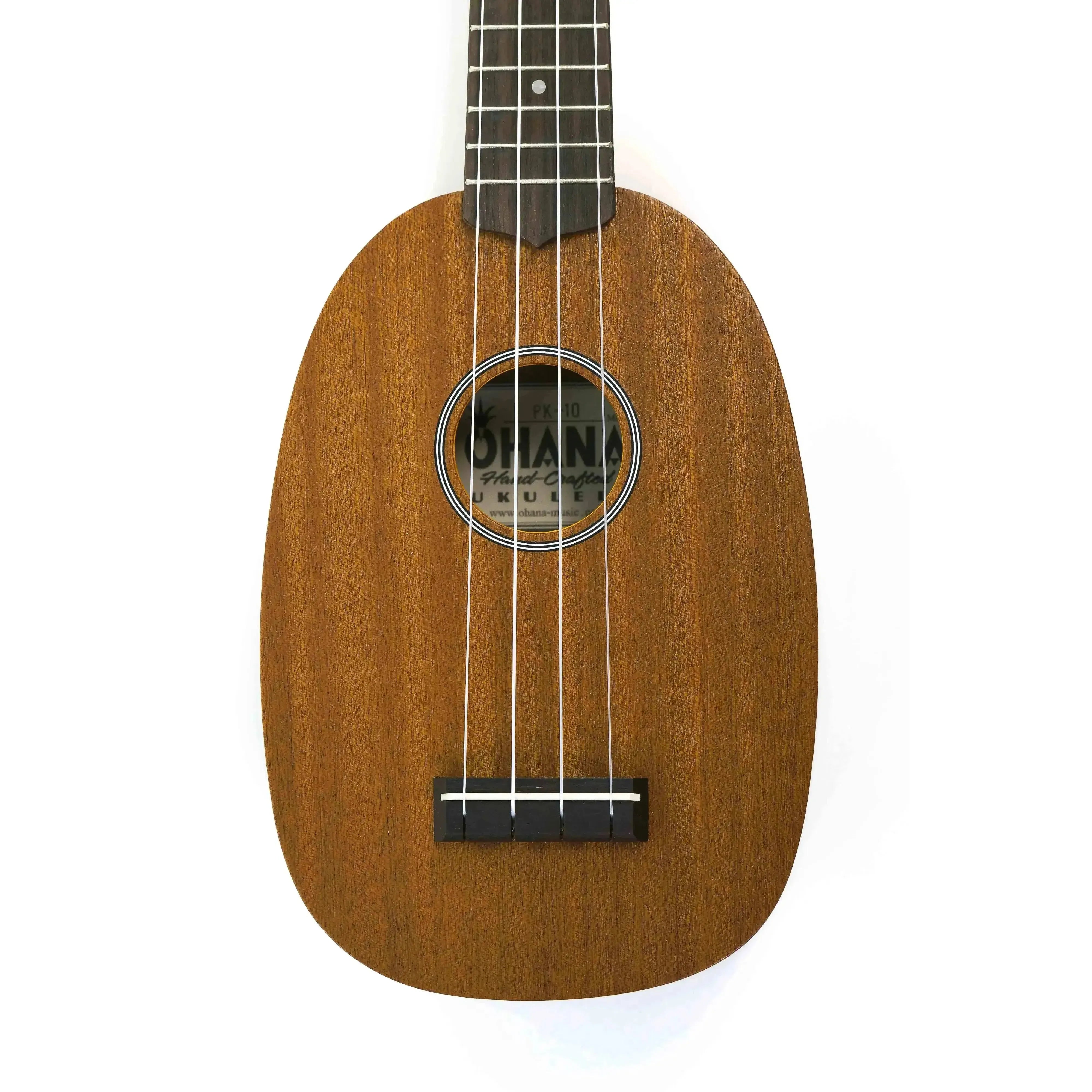 Ohana PK-10 Mahogany Pineapple Soprano Ukulele with satin finish, black/white rosette, and pearloid fret markers.