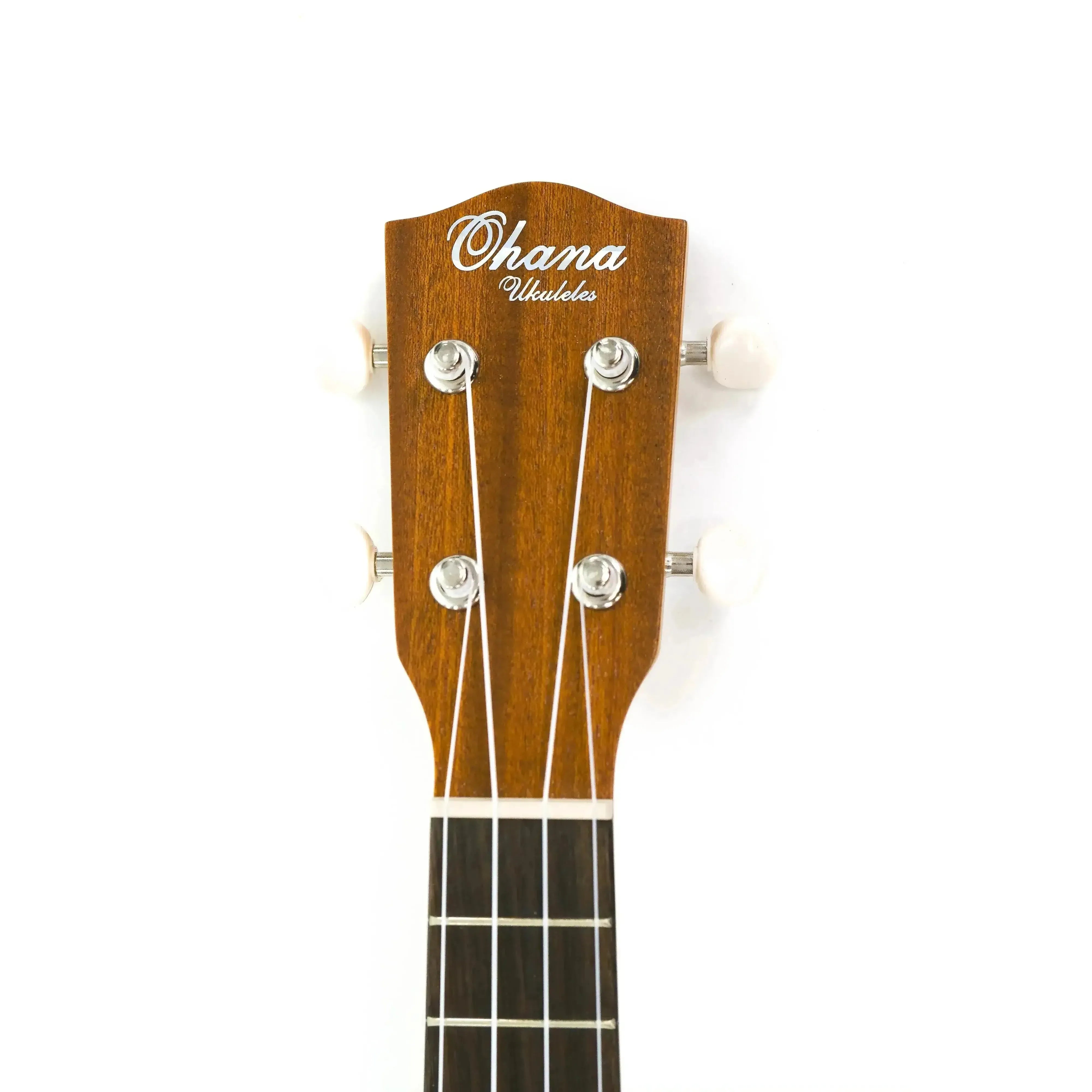 Ohana Ukuleles mahogany headstock with white tuning pegs and logo.