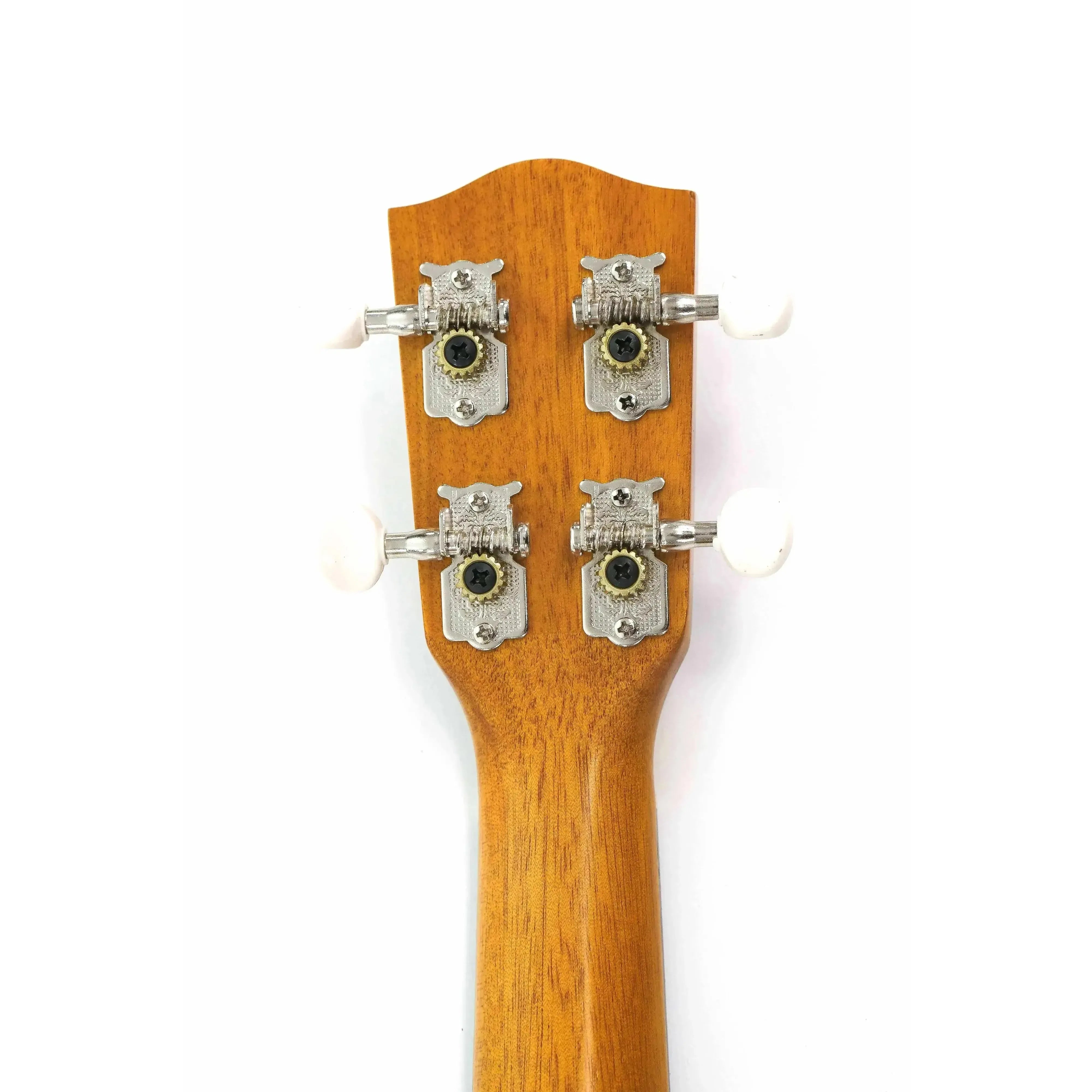 Ohana PK-10 Mahogany Pineapple Soprano Ukulele headstock with four silver tuning pegs and white buttons.
