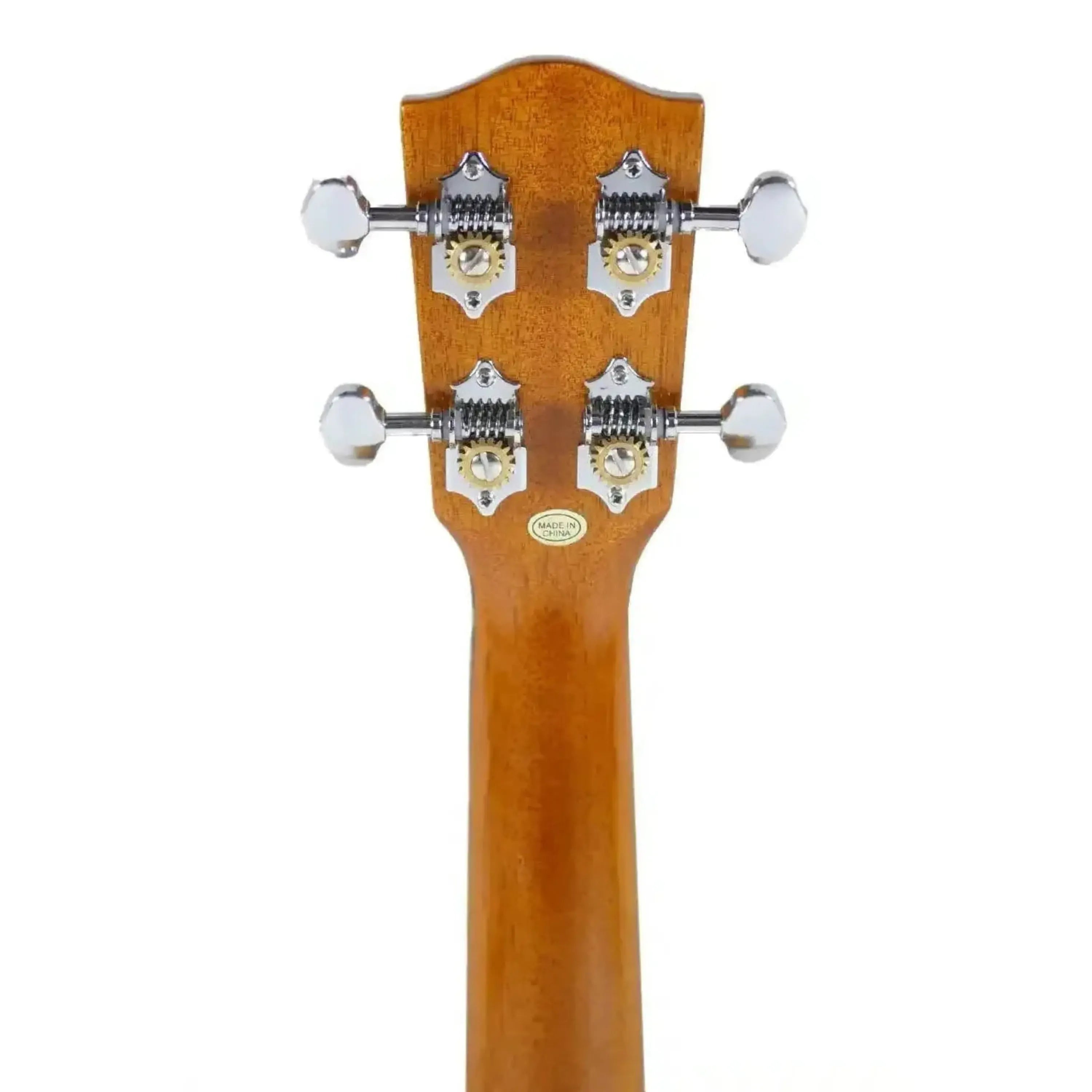 Ohana PK-220G solid mango pineapple soprano ukulele headstock with chrome Grover tuners.